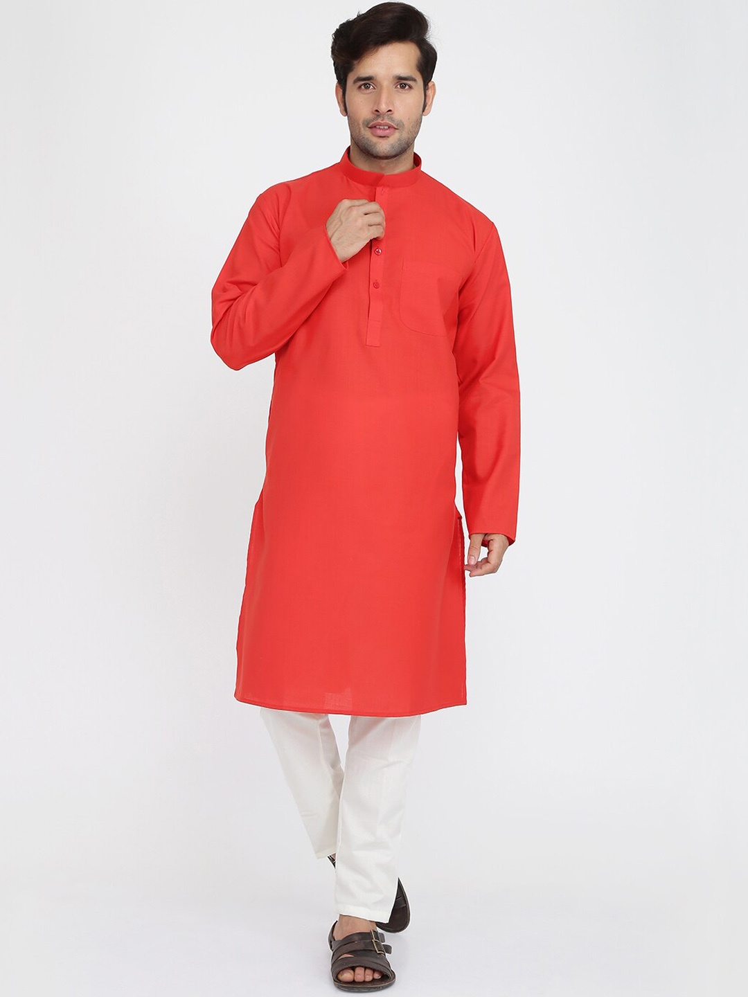 

ROYAL KURTA Mandarin Collar Pure Cotton Straight Kurta With Pyjama, Red