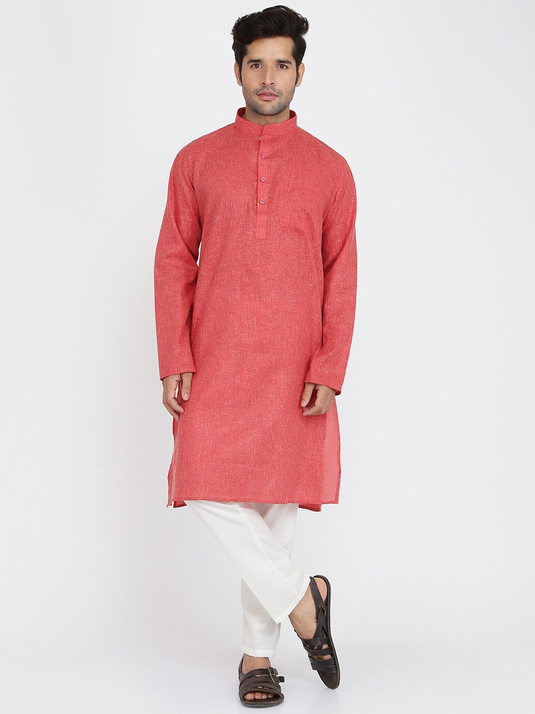 

ROYAL KURTA Cotton Mandarin Collar Kurtas, Maroon