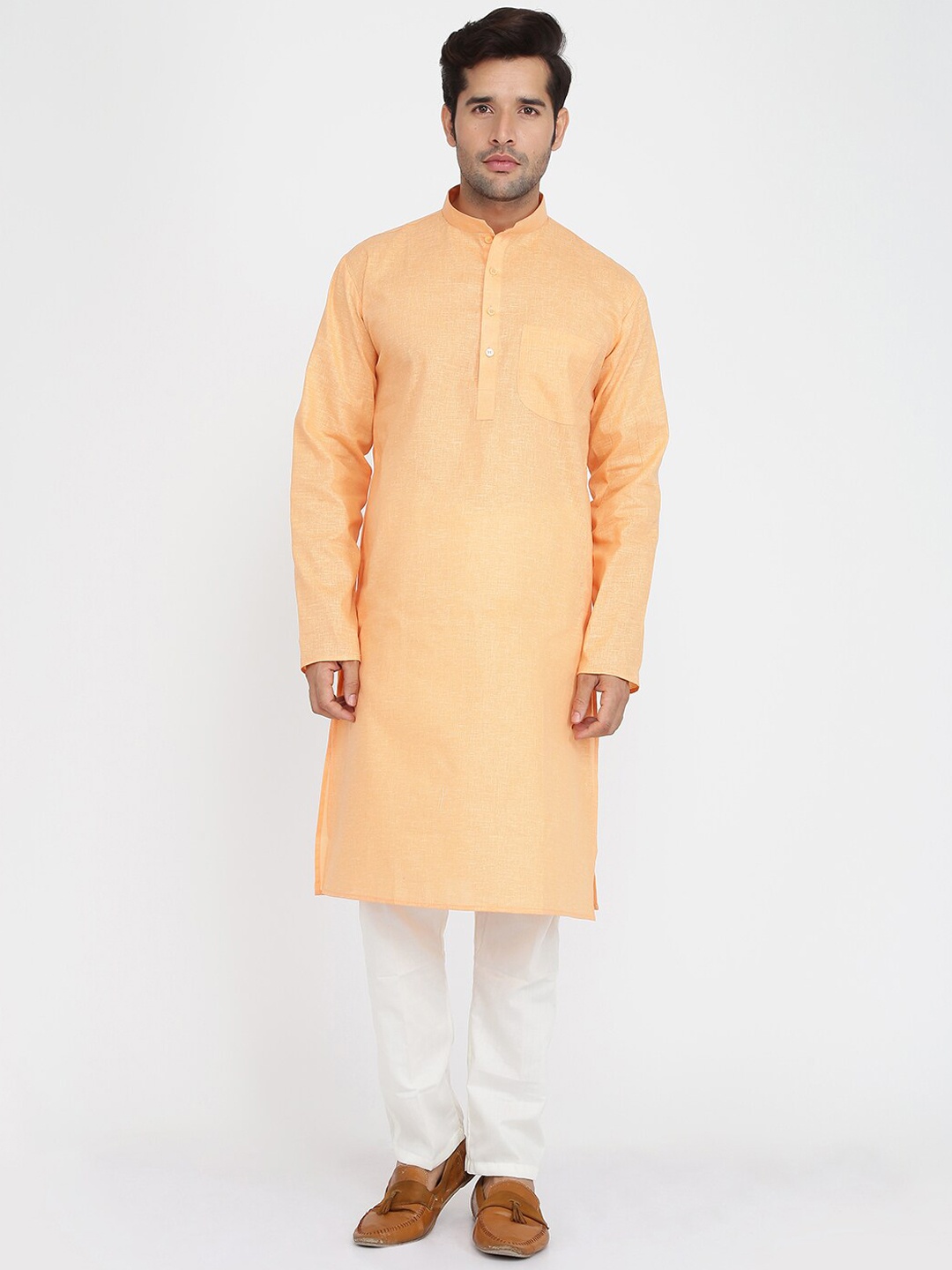 

ROYAL KURTA Mandarin Collar Regular Pure Cotton Kurta With Pyjama, Orange