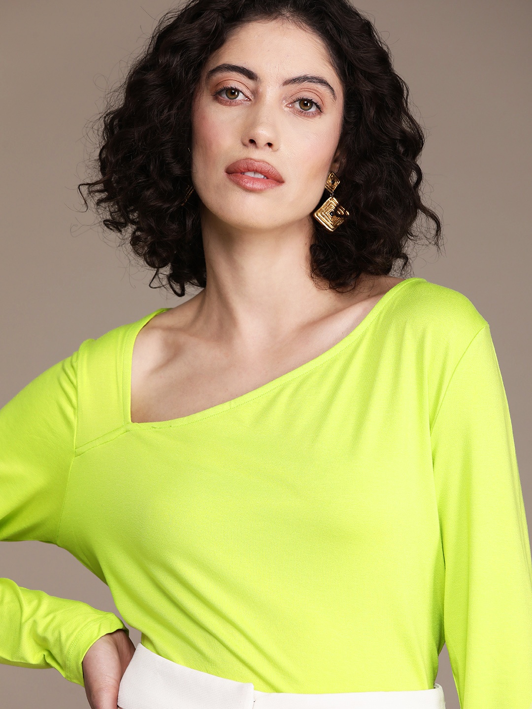 

WAREHOUSE Asymmetric Neck Long Sleeves Top, Lime green