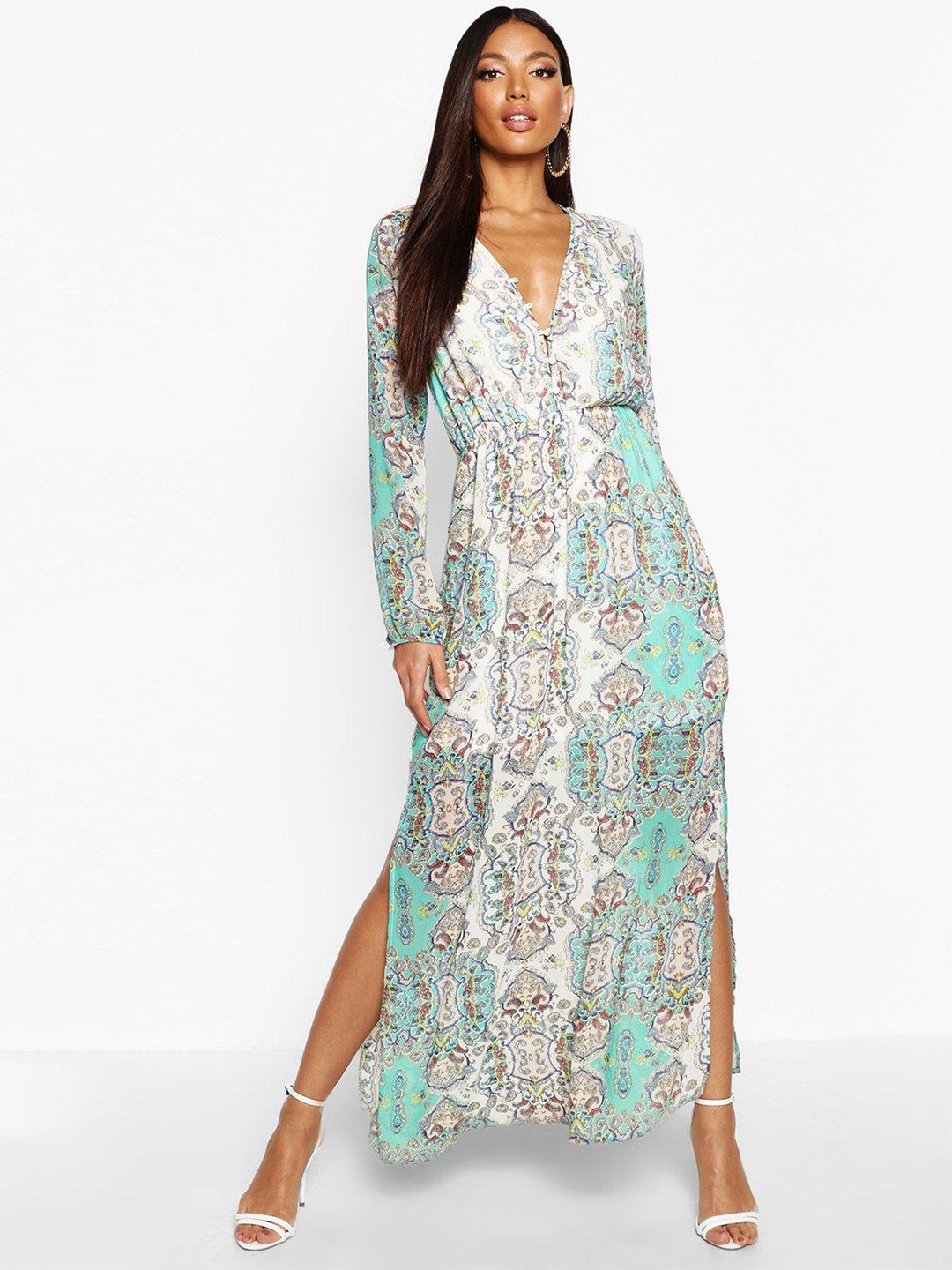 

Boohoo Ethnic Motifs Printed V-neck Side Slits Maxi Dress, White