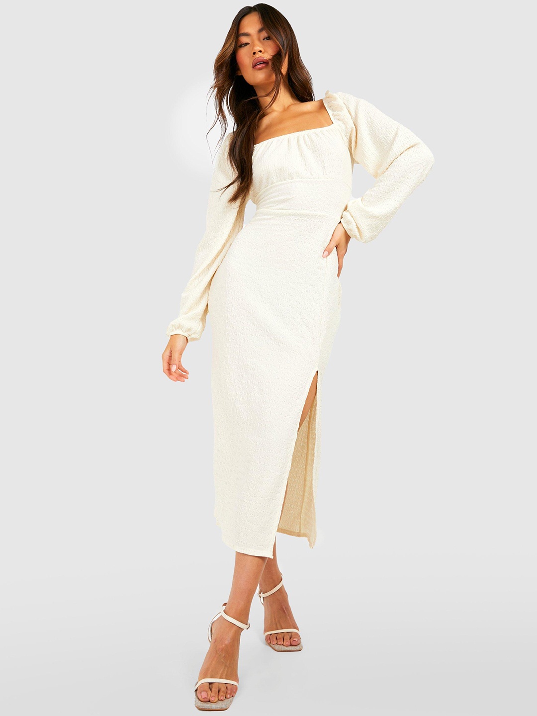 

Boohoo Puff Sleeves Side Slits Textured Sheath Midi Dress, Off white