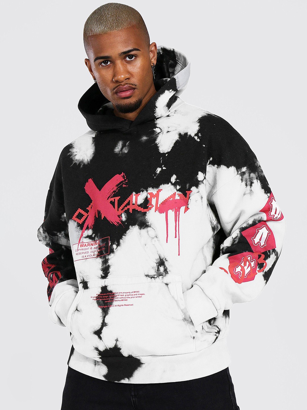 

boohooMAN Oversized Official Graffiti Tie Dye Hooded Sweatshirt, Black