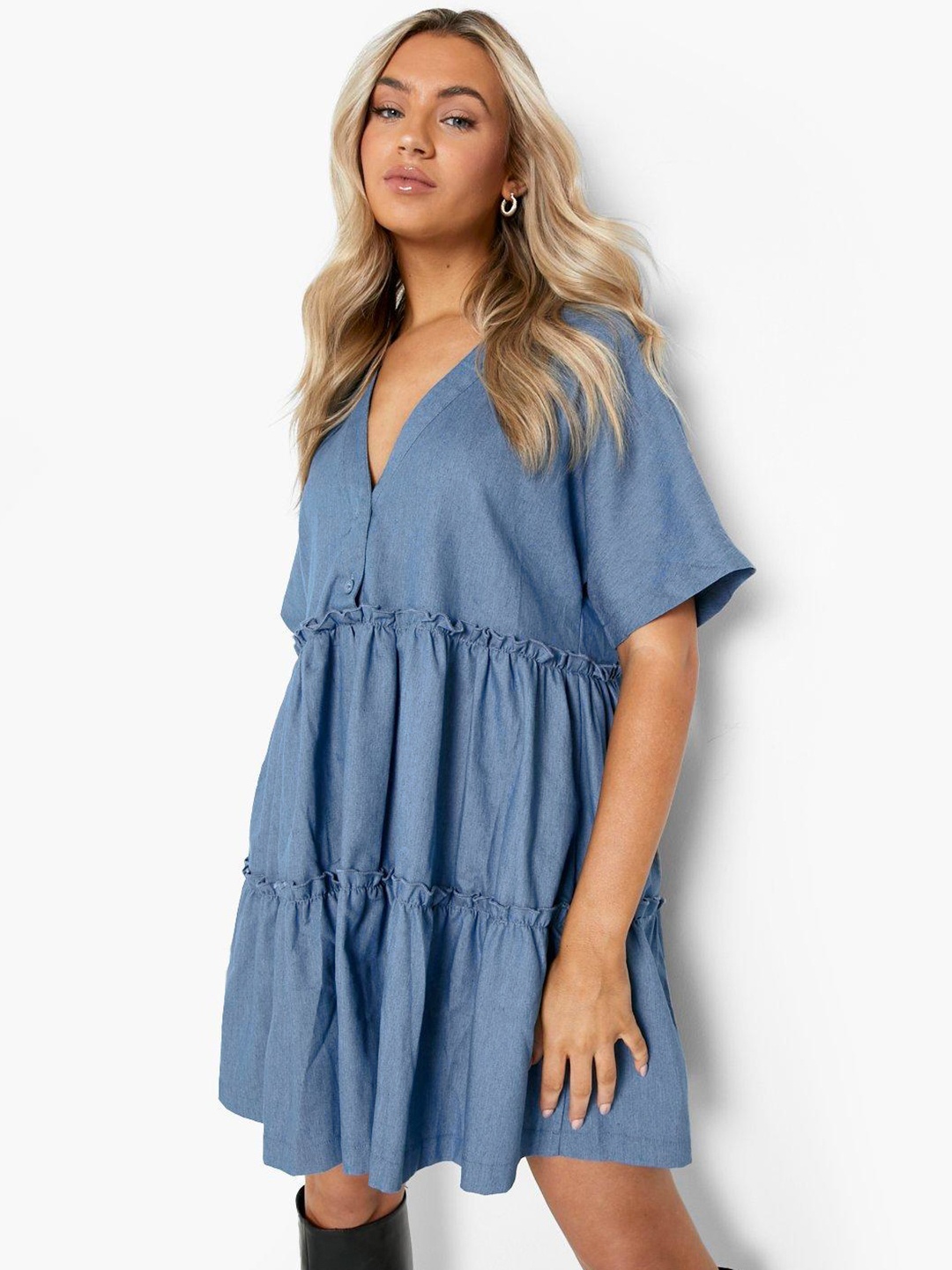 

Boohoo Chambray Ruffle A-Line Dress, Blue