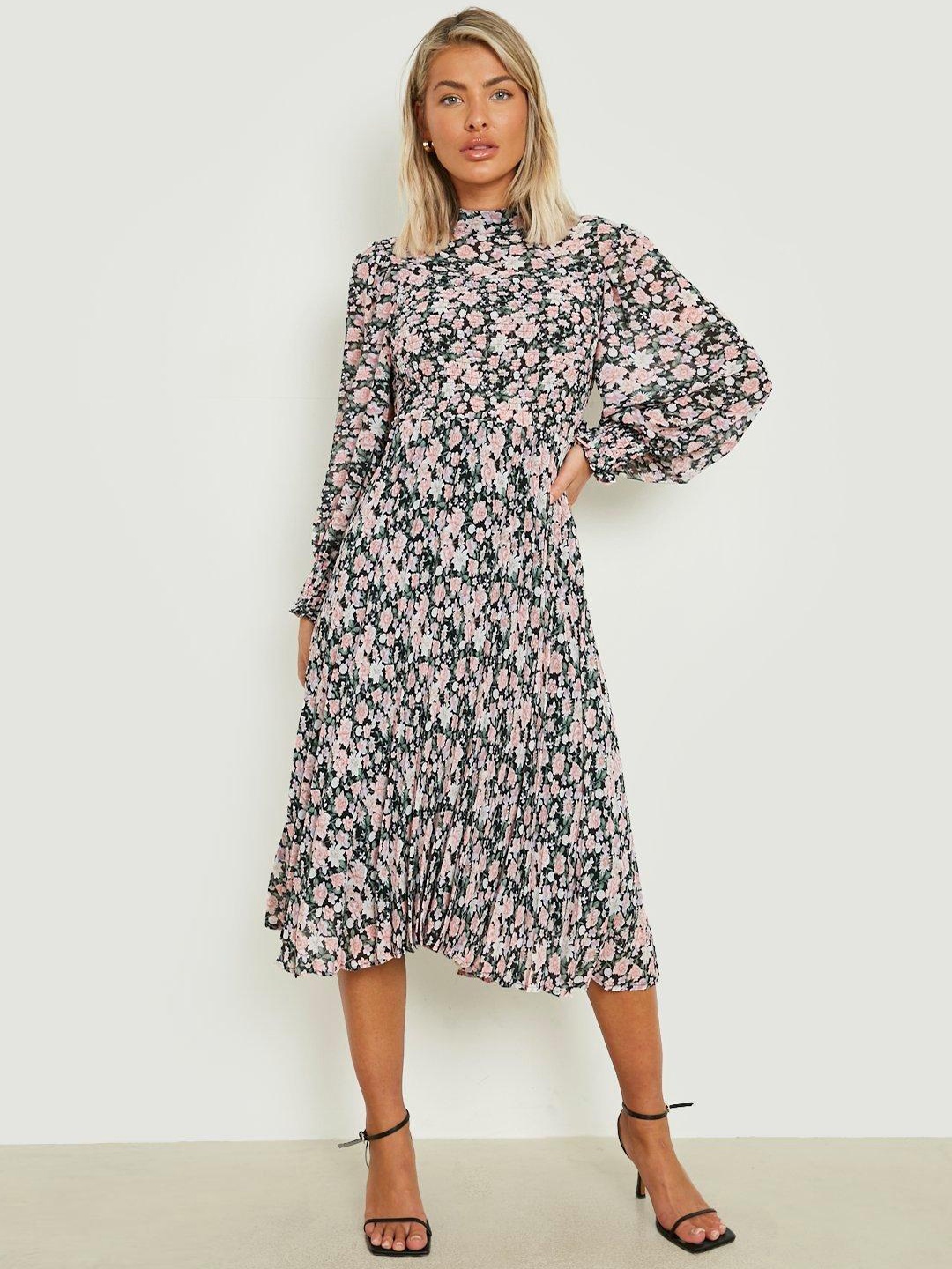 

Boohoo Floral Print Puff Sleeve A-Line Midi Dress, Black