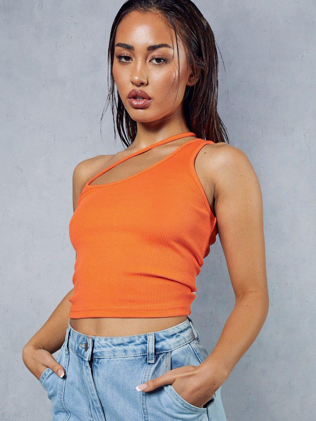 

MISSPAP Ribbed One Shoulder Crop Top, Orange