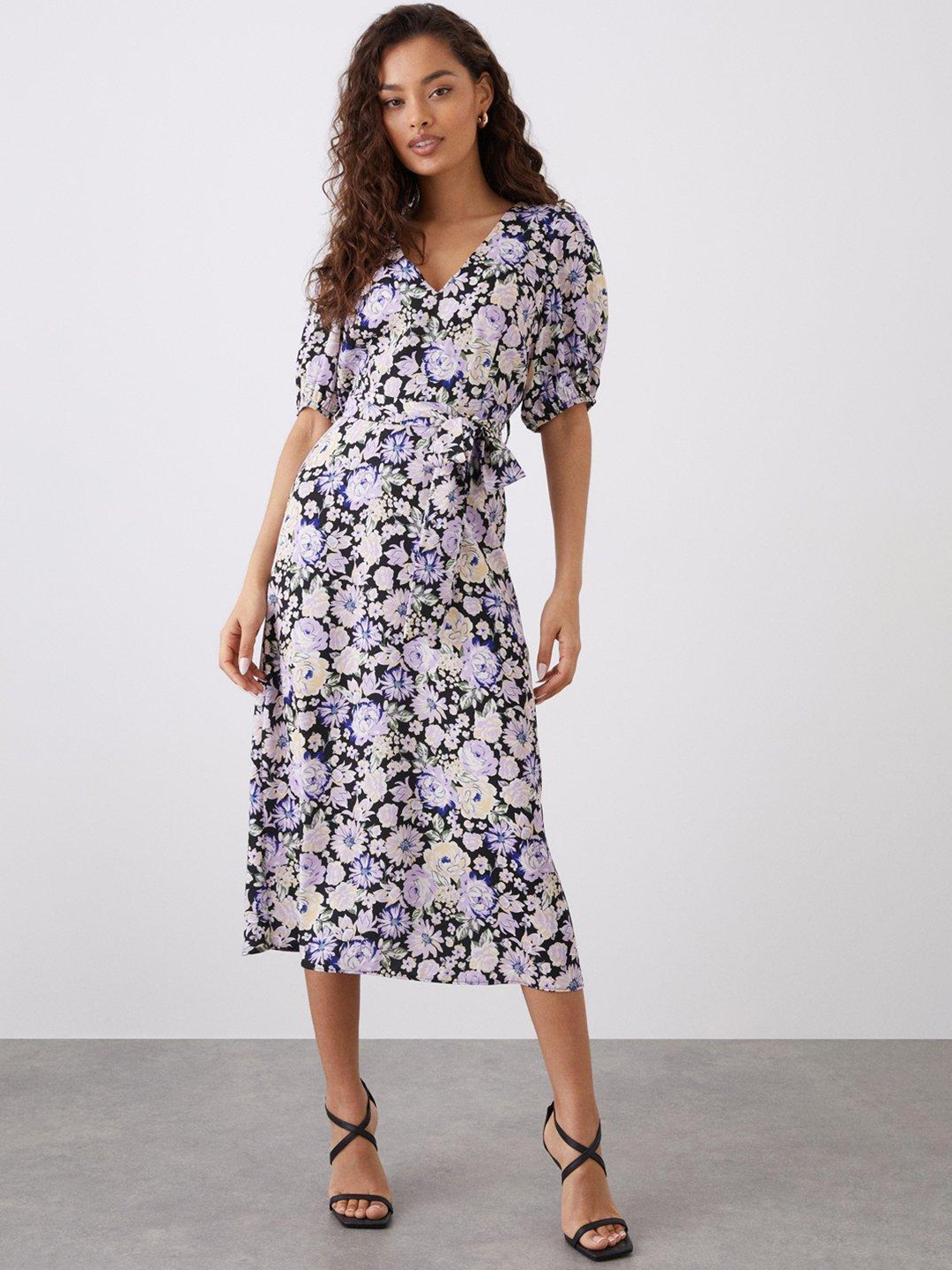 

DOROTHY PERKINS Petite Floral Printed Puff Sleeves A-Line Midi Dress, Blue