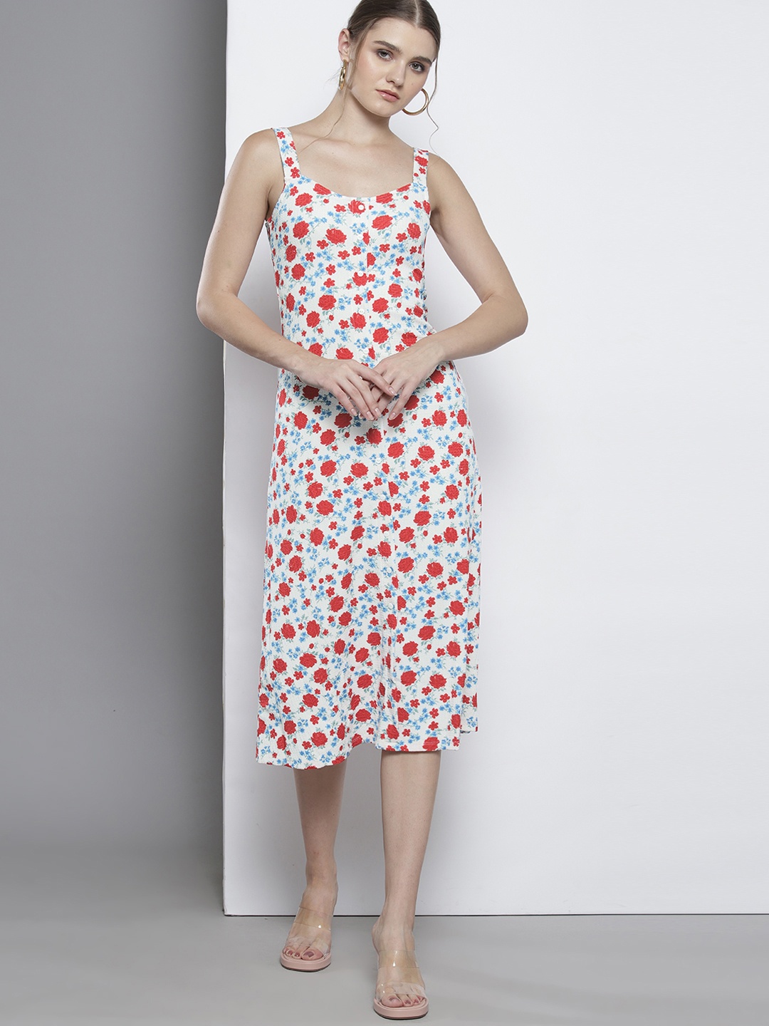 

DOROTHY PERKINS Petite Floral Print A-Line Midi Dress, Off white