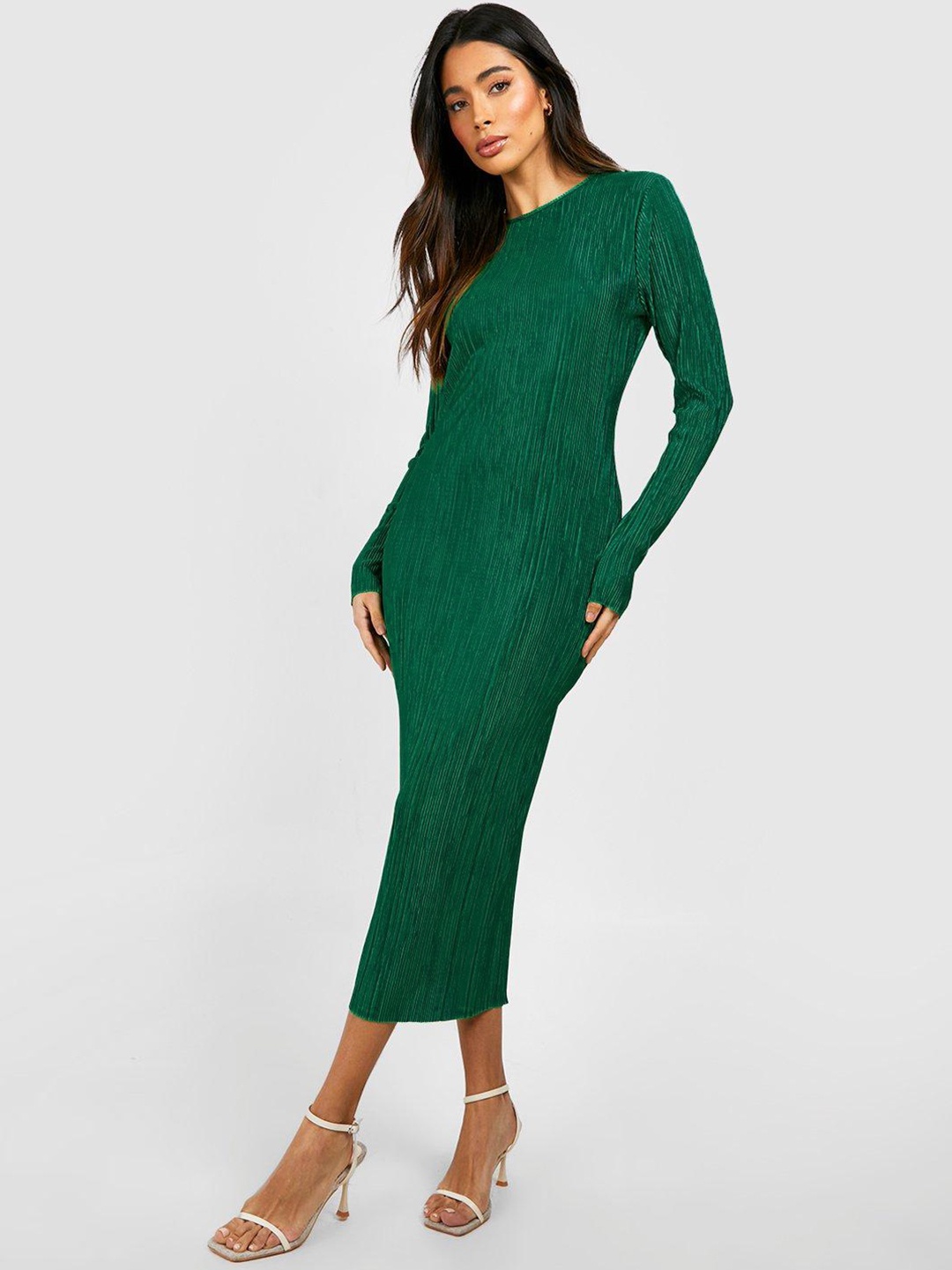 

Boohoo Accordion Pleated Sheath Midi Dress, Green
