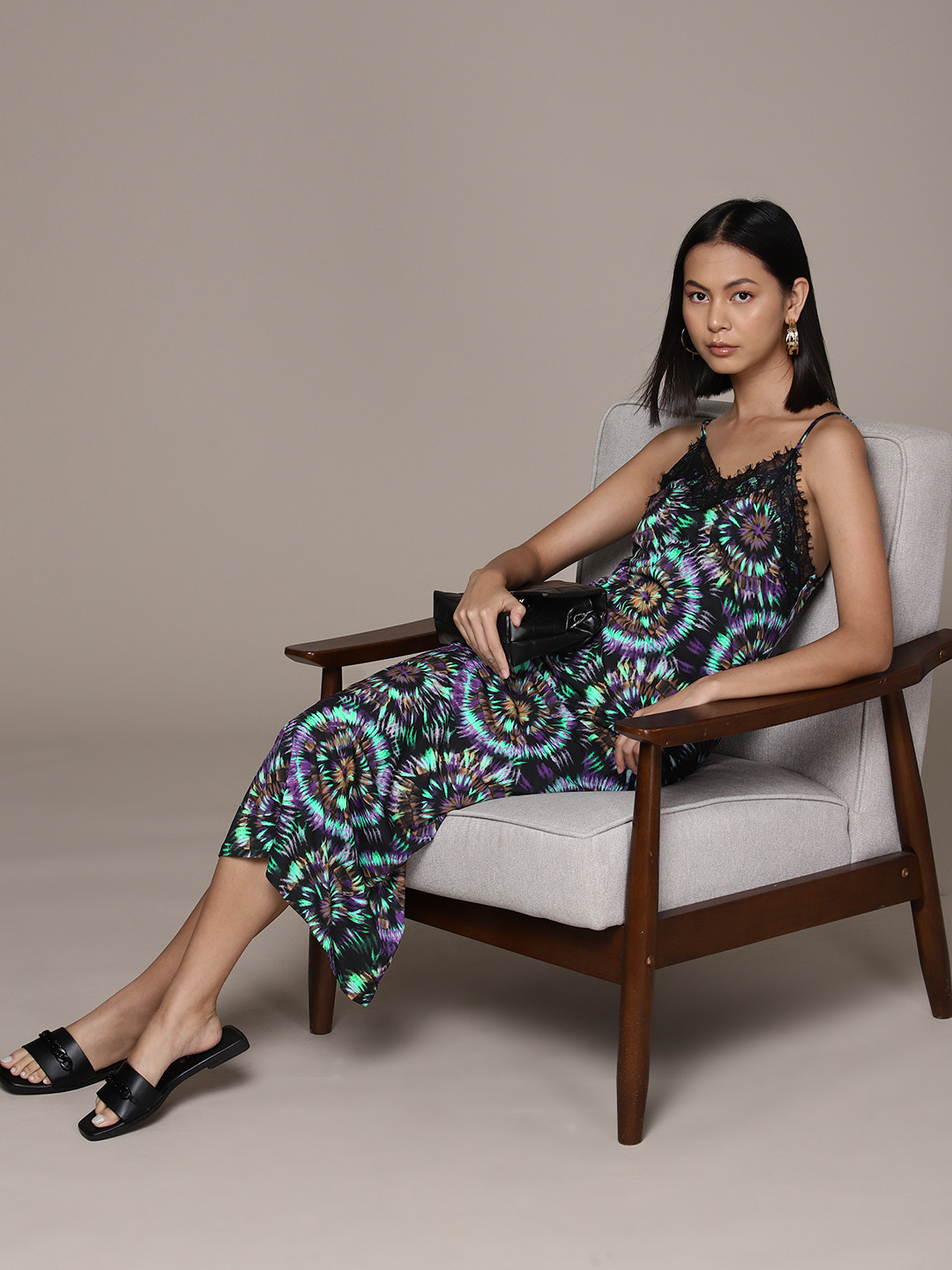 

WAREHOUSE Printed Lace Trim Midi Slip Dress, Black