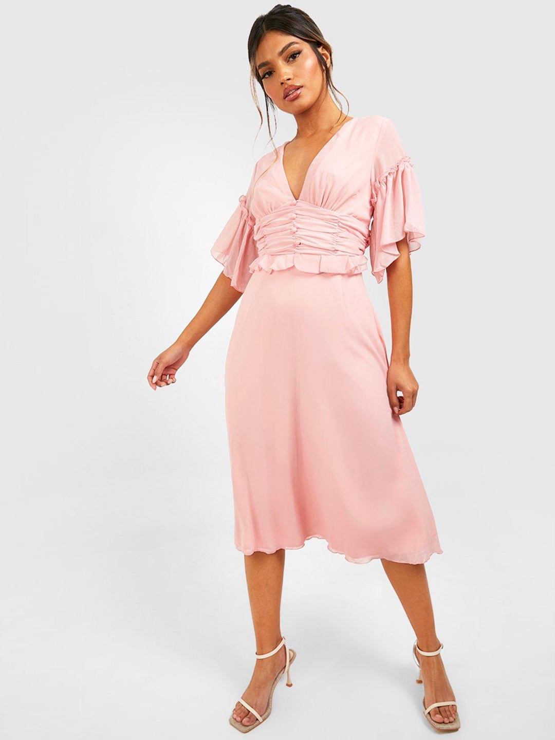 

Boohoo Ruffled Flared Sleeve A-Line Midi Dress, Pink