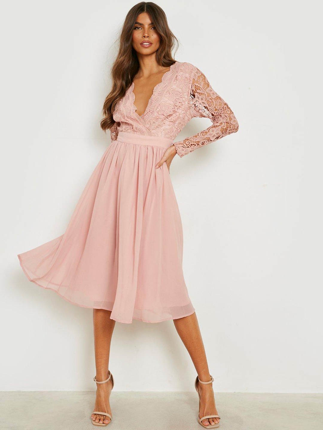 

Boohoo Lace Inserted Fit & Flare Midi Dress, Rose