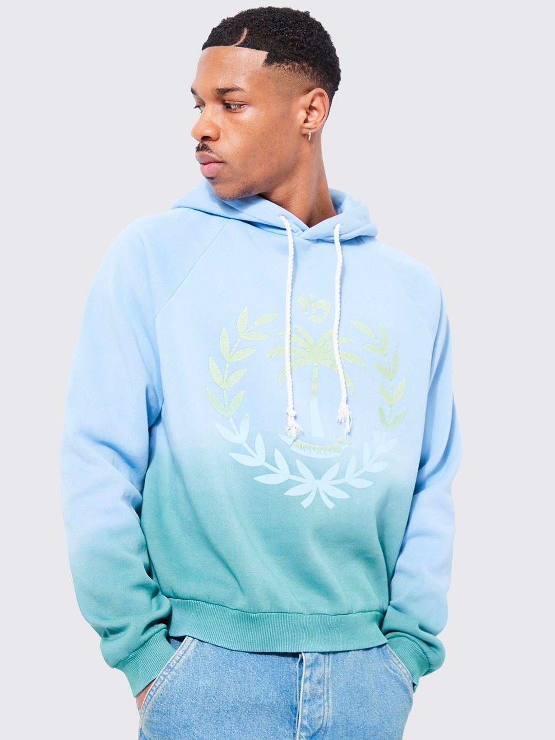 

boohooMAN Dyed & Printed Hooded Sweatshirt, Blue