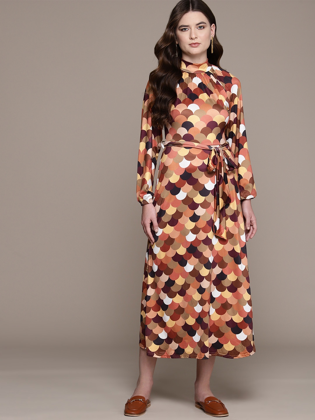 

WAREHOUSE Printed Puff Sleeve A-Line Midi Dress, Brown