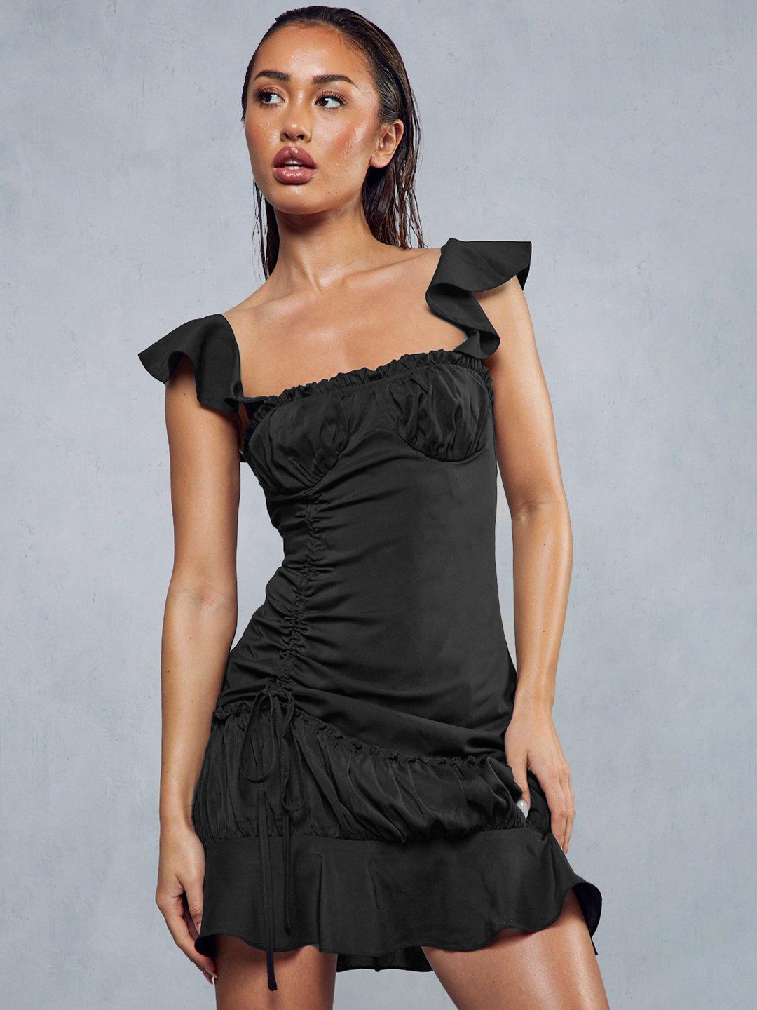 

MISSPAP Frill Detail Ruched Drop-Waist Mini Dress, Black