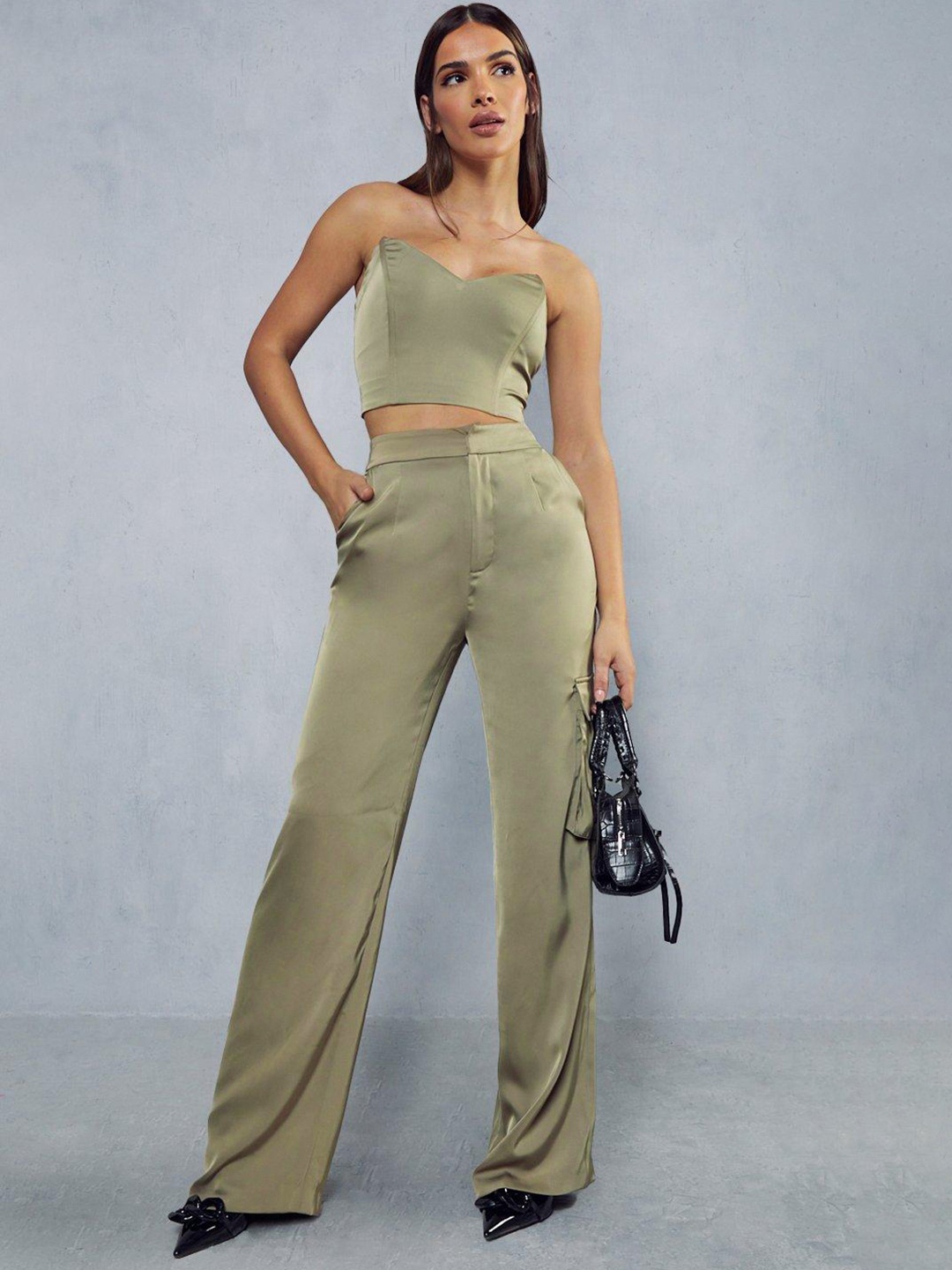 MISSPAP Satin Off-Shoulder Crop Corset Top with Trousers, Olive