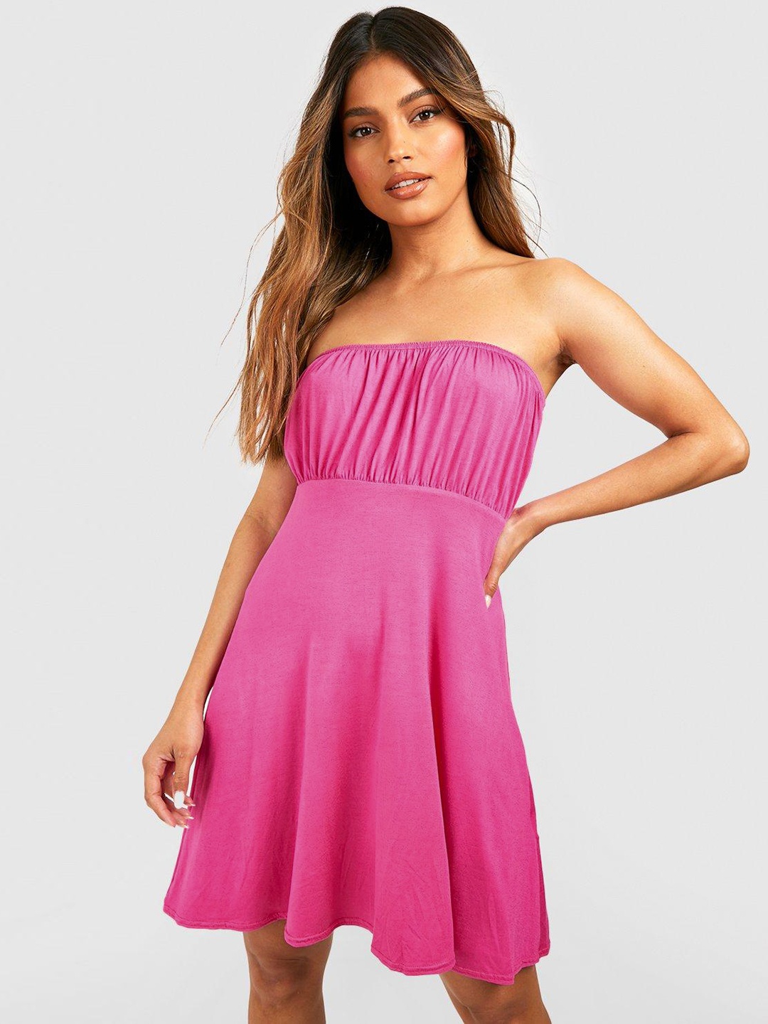 

Boohoo Strapless Bandeau Fit & Flare Dress, Pink