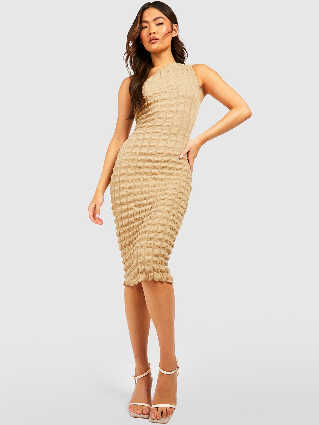 

Boohoo Self Designed One Shoulder Bodycon Dress, Beige