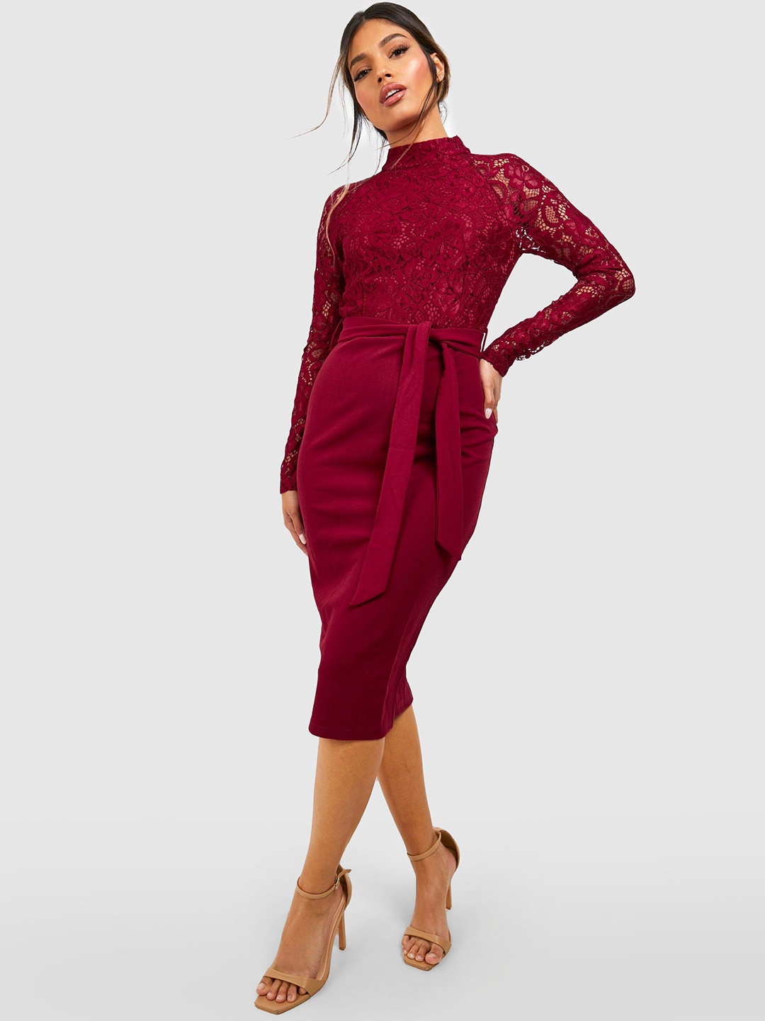 

Boohoo Floral Lace Inserted Sheath Midi Dress, Maroon