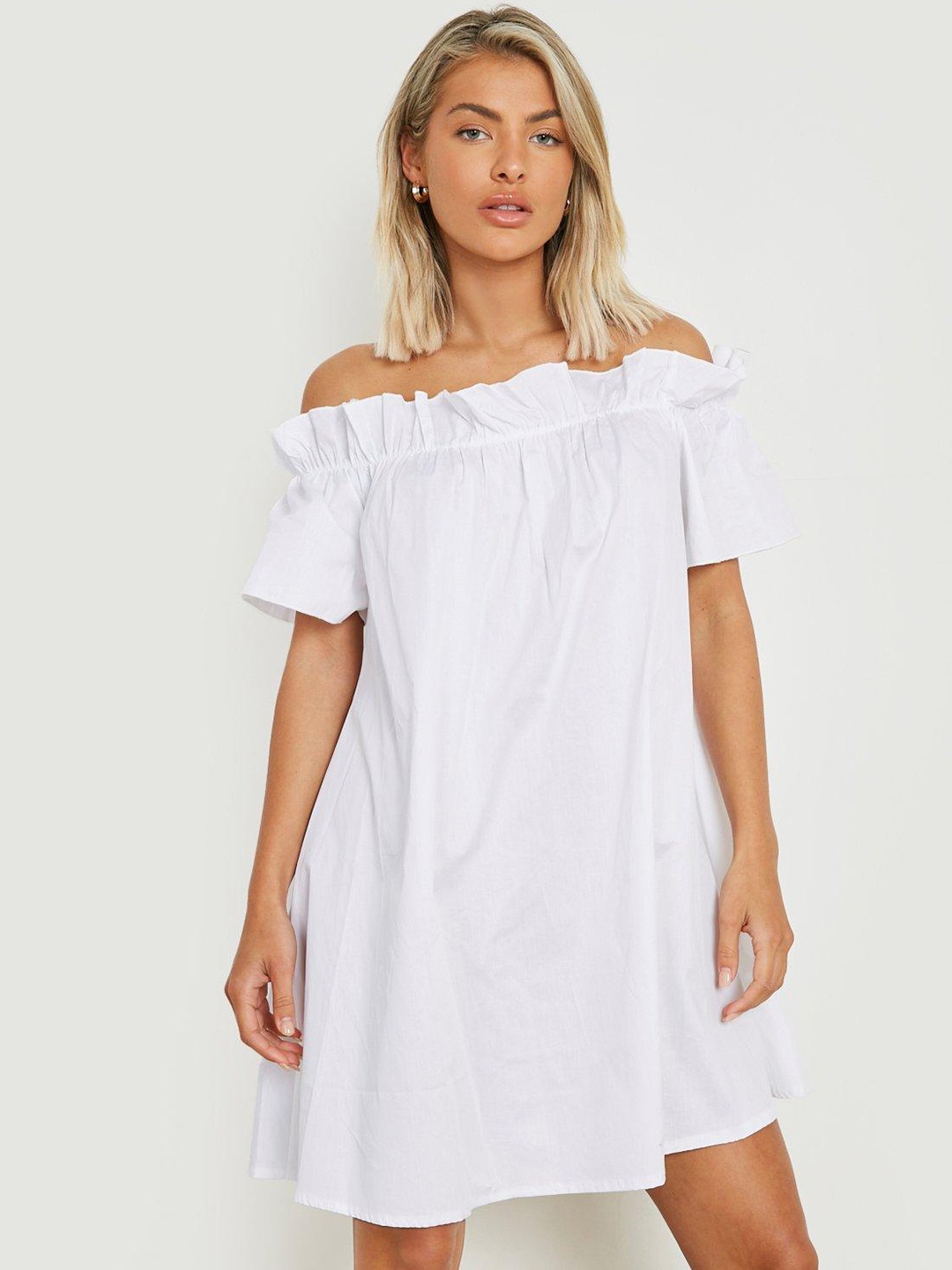

Boohoo Pure Cotton Ruffled A-Line Mini Dress, White