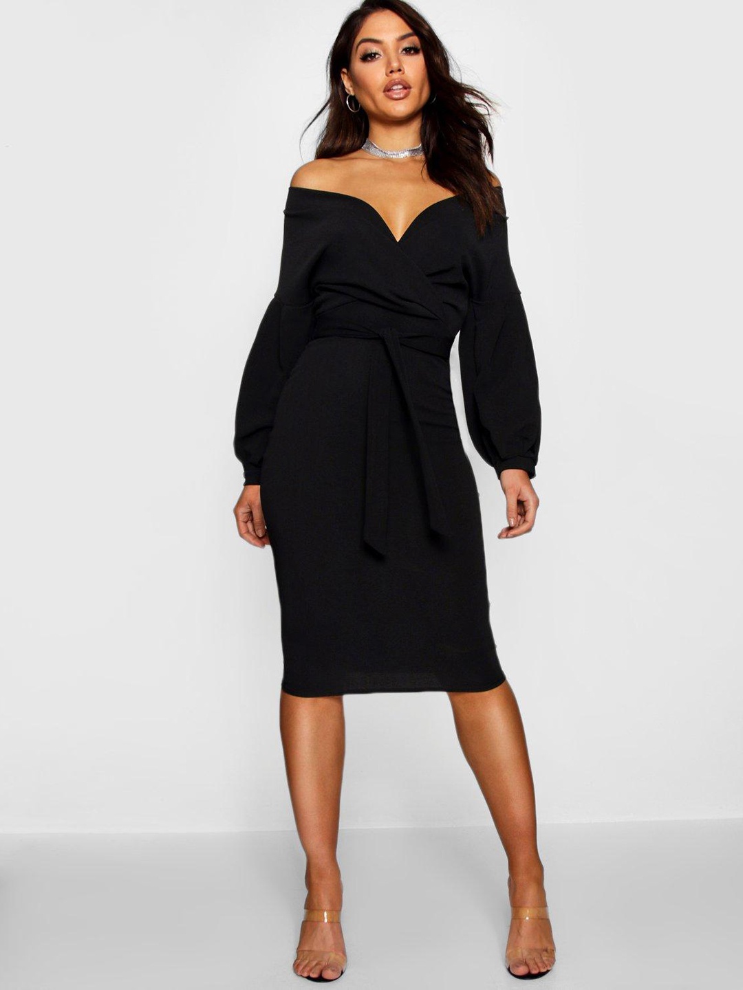 

Boohoo Off-Shoulder Puff Sleeves Wrap Design Sheath Mini Dress, Black