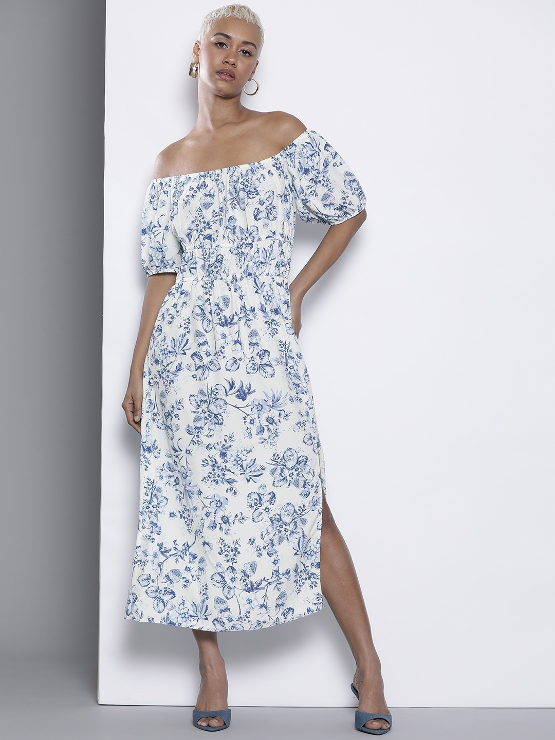 

DOROTHY PERKINS Floral Print Off-Shoulder A-Line Midi Dress, White