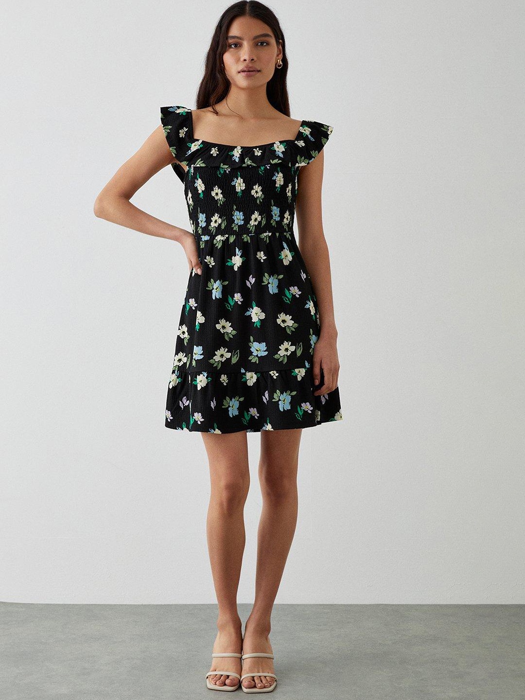 

DOROTHY PERKINS Floral Print Smocked Ruffle A-Line Mini Dress, Black