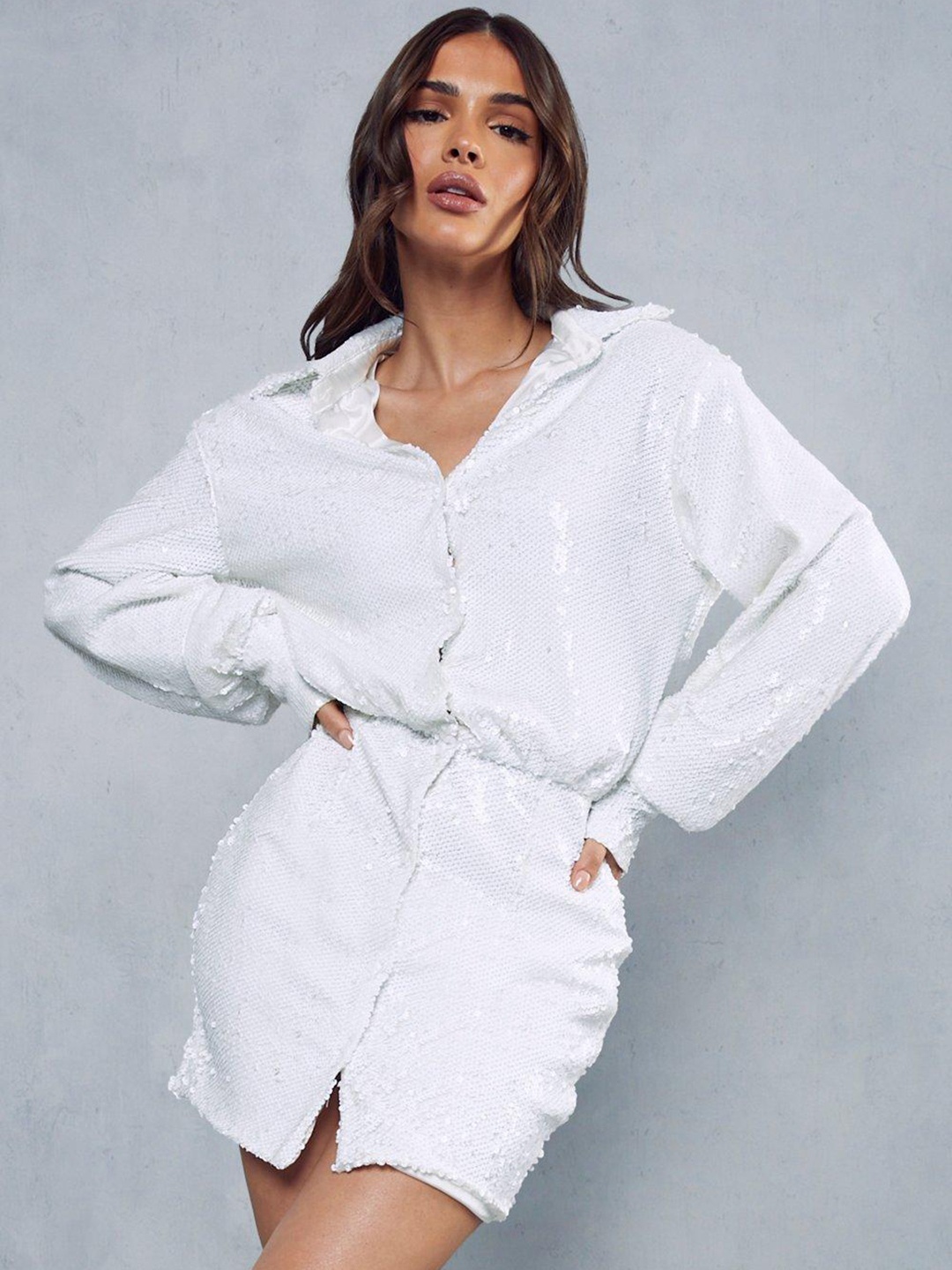 

MISSPAP Embellished Shirt Mini Dress, White
