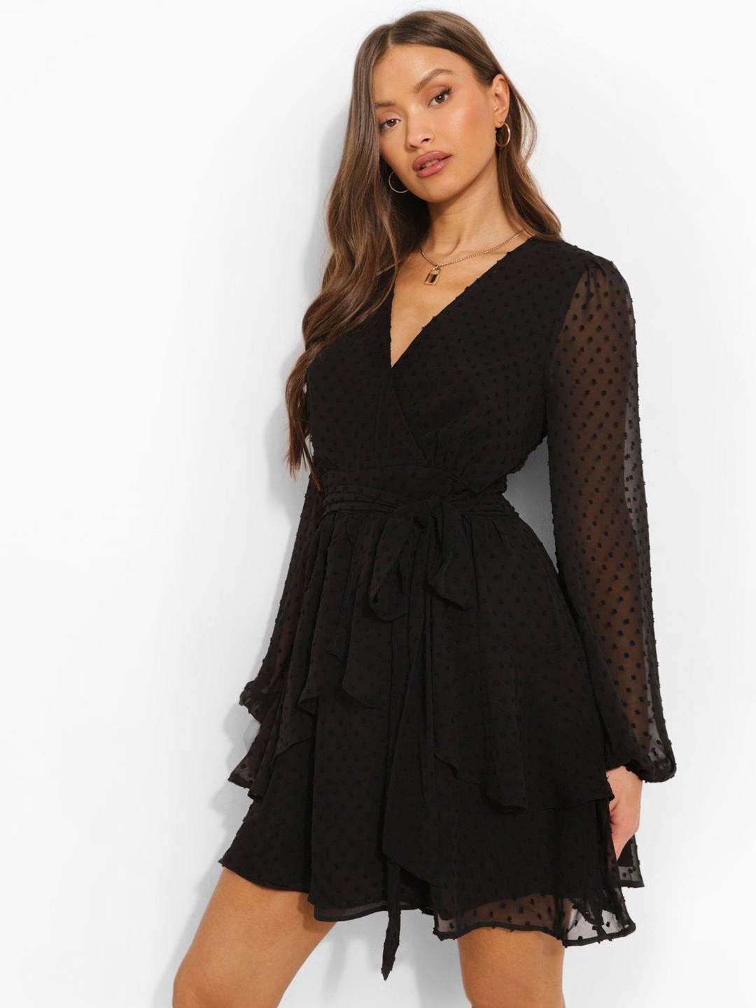 

Boohoo Dobby Chiffon Ruffled Wrap Mini Dress, Black