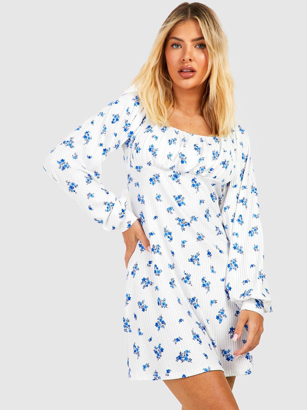 

Boohoo Floral Print Puff Sleeves A-Line Mini Dress, White