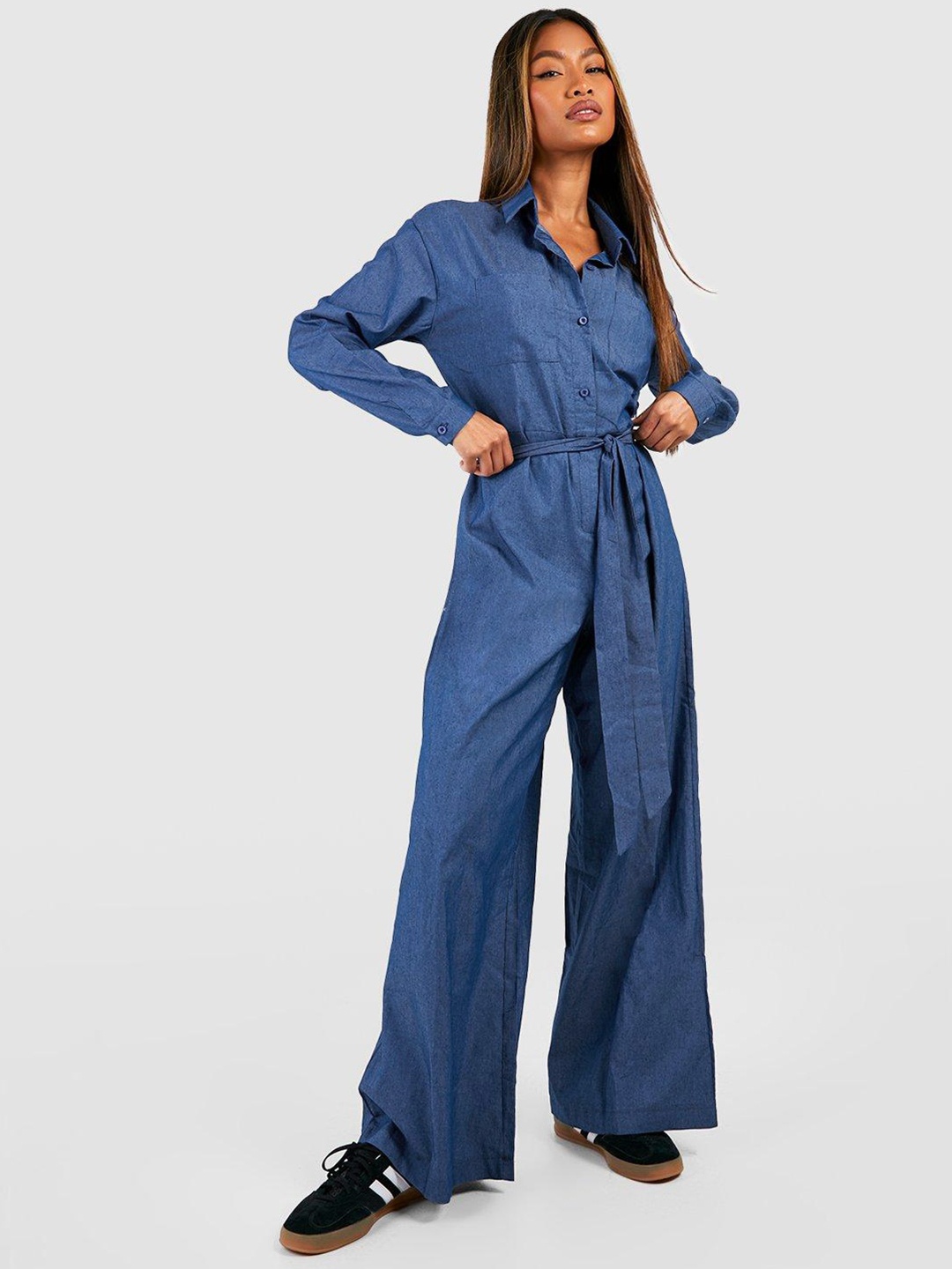 

Boohoo Shirt Collar Chambray Jumpsuit, Navy blue