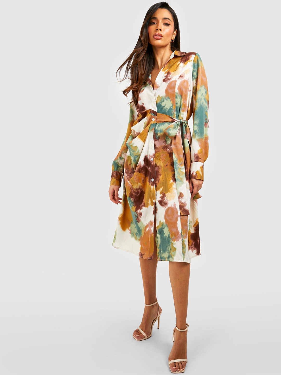 

Boohoo Printed Shirt Midi Dress, Off white