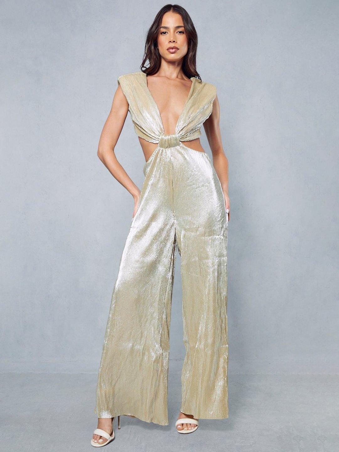 

MISSPAP Accordion Pleated Twisted Shimmery Basic Jumpsuit, Gold