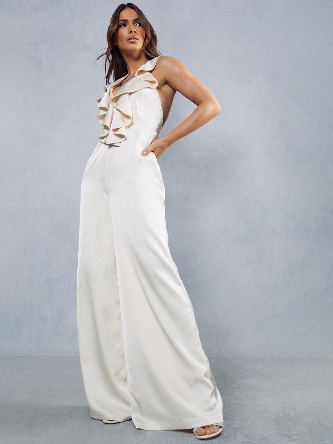 

MISSPAP Halter Neck Satin Basic Jumpsuit with Ruffles, Cream