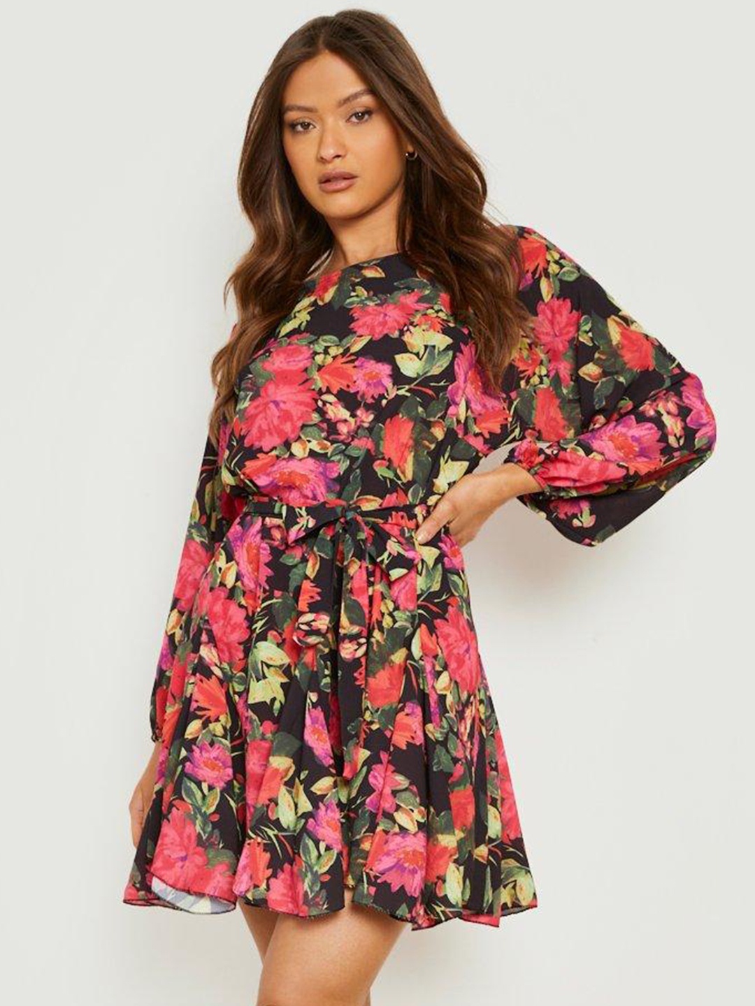 

Boohoo Floral Print Puff Sleeves A-Line Mini Dress, Black