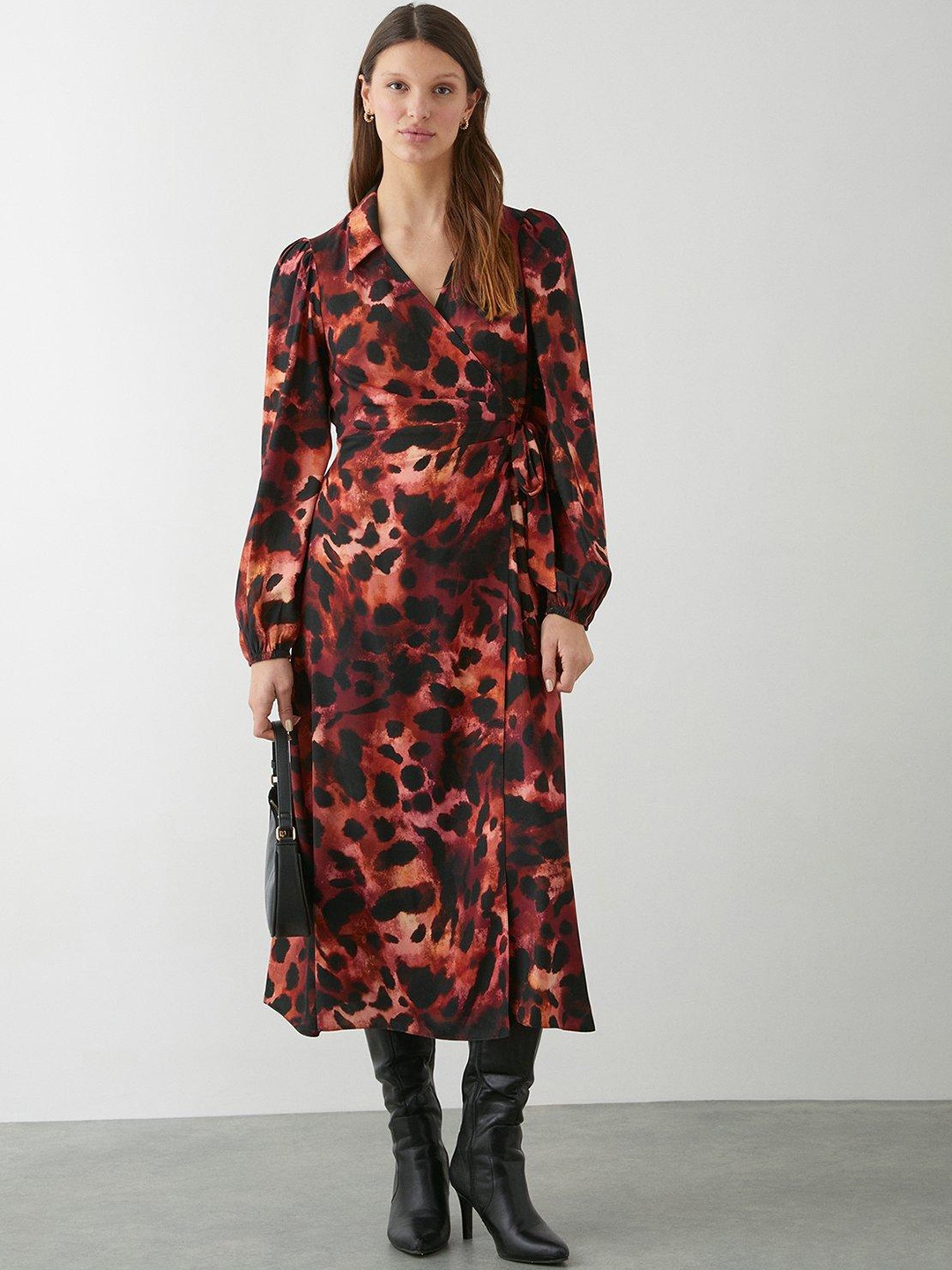 

DOROTHY PERKINS Animal Print Wrap Midi Dress, Rust