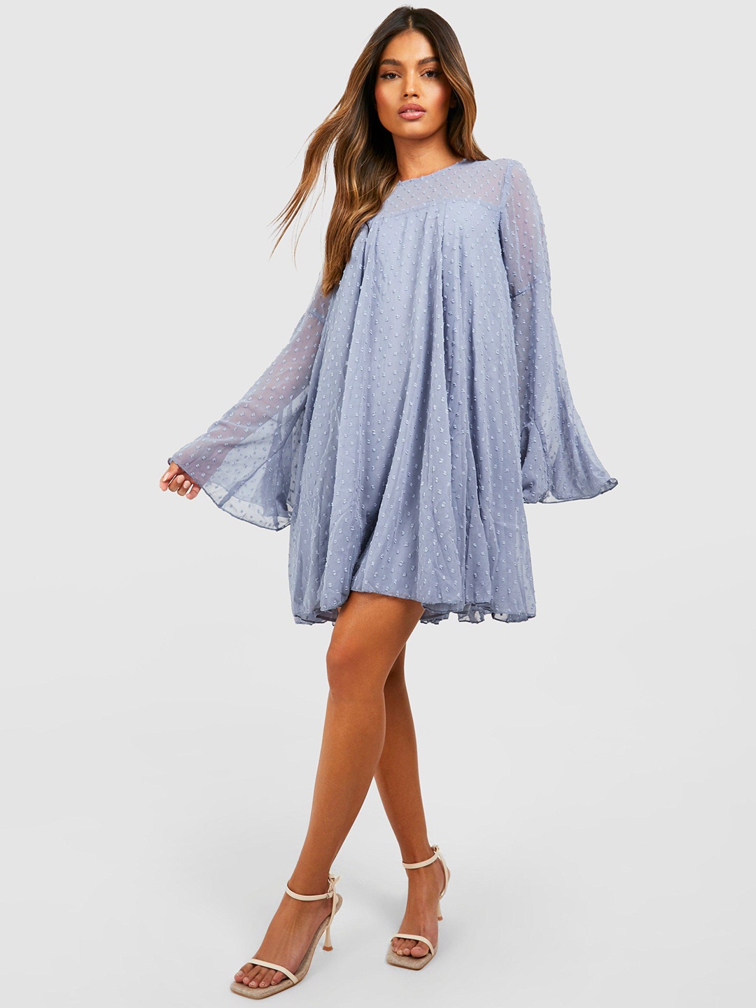 

Boohoo Dobby A-Line Mini Trapeze Dress, Blue