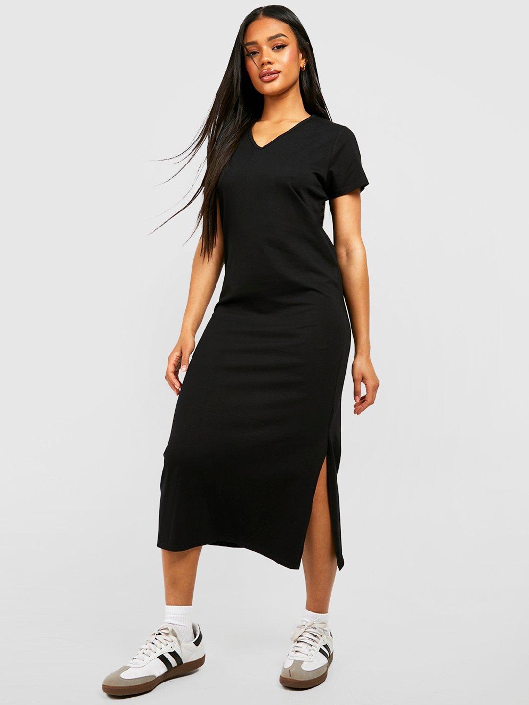 

Boohoo T-shirt Midi Cotton Dress With Side Slit, Black