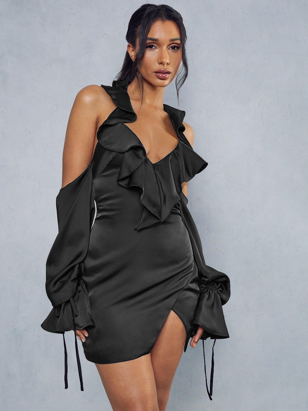 

MISSPAP Plunge Neck Ruffled Satin Mini Dress, Black