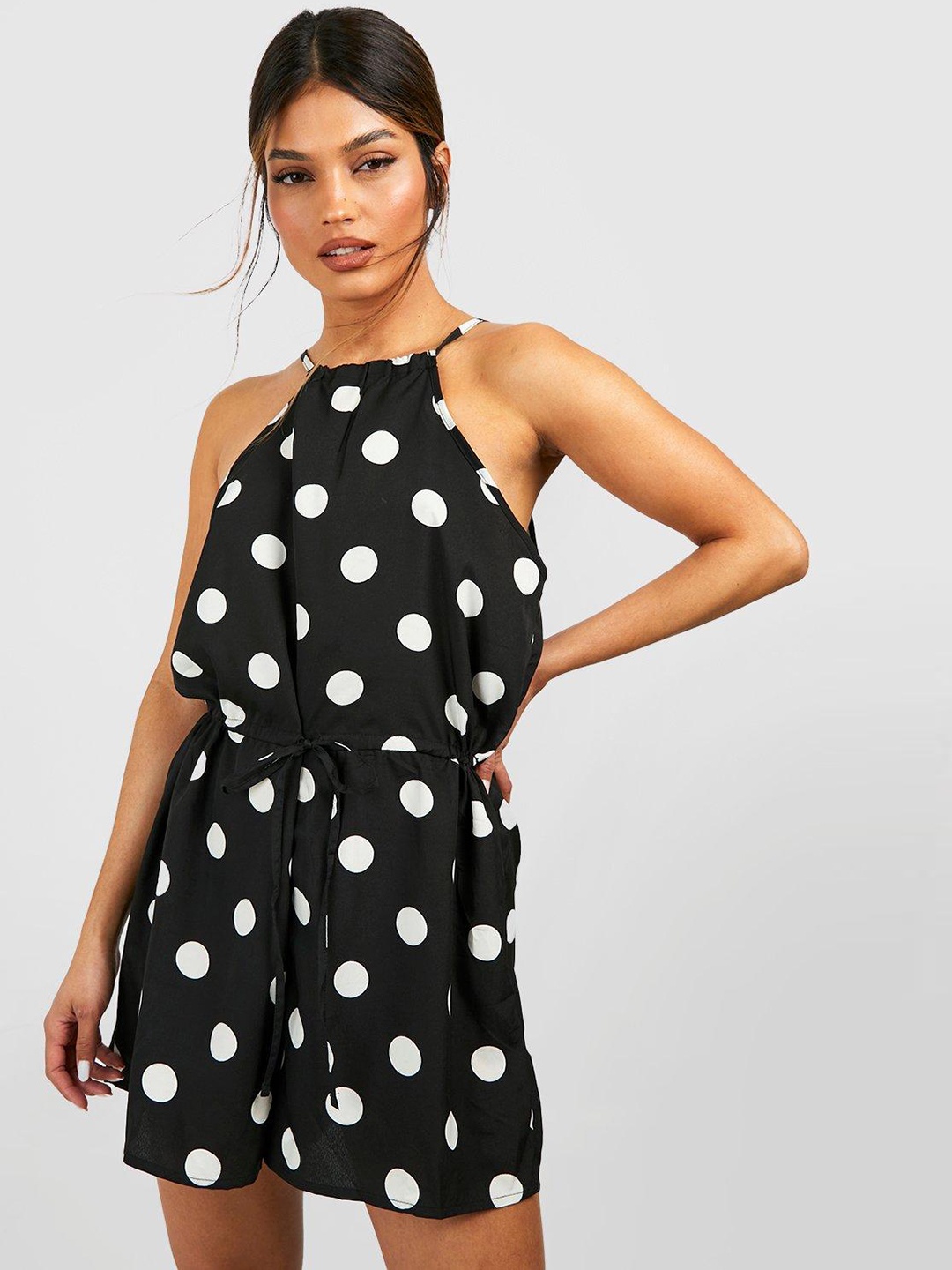 

Boohoo Polka Dots Printed Playsuit, Black