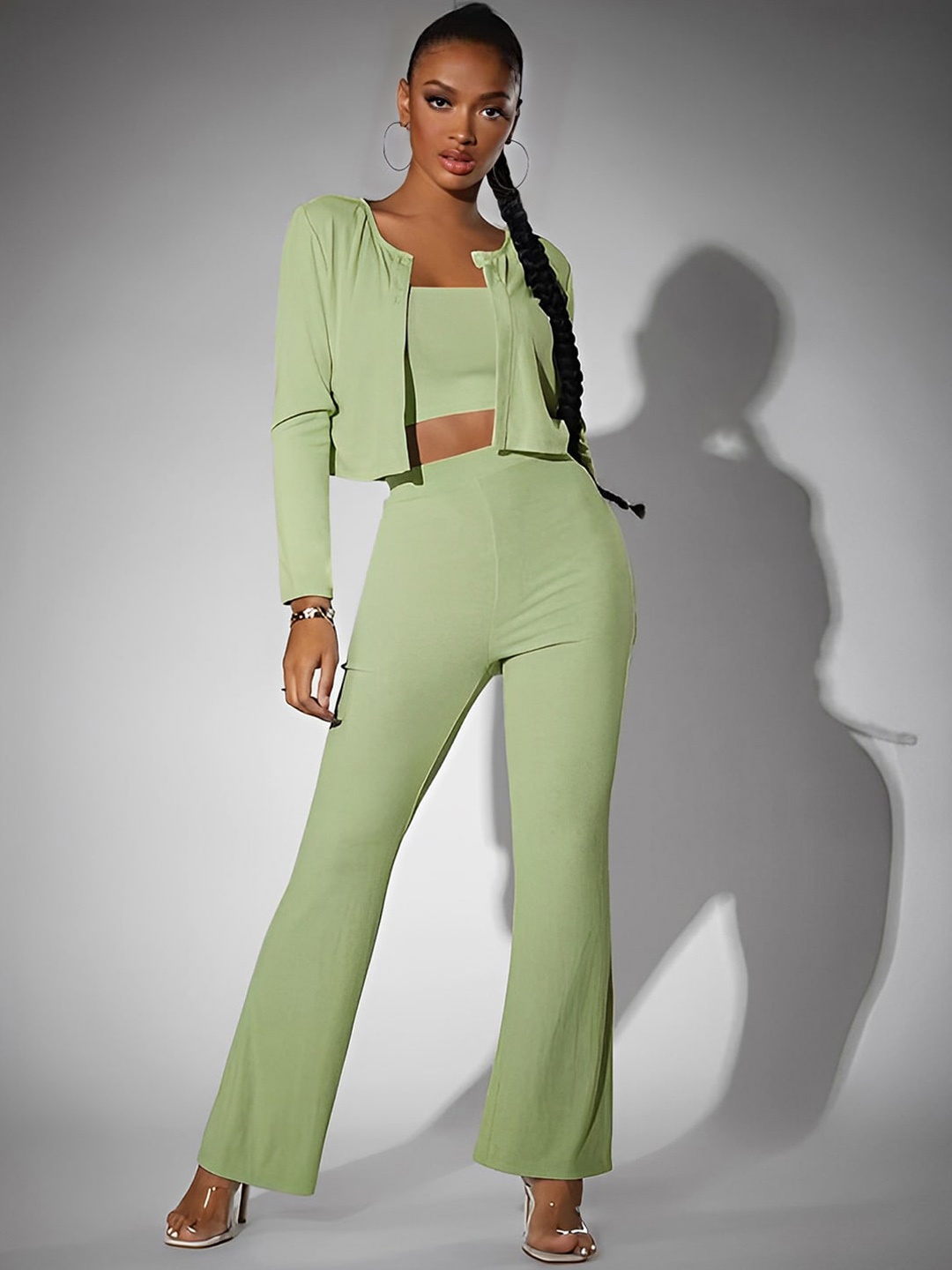 

Selvia Dyed Square Neck Sleeveless Causal Crop Top With Trousers & Jacket, Green