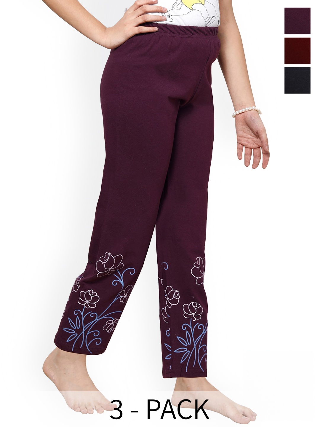 

BAESD Girls Pack Of 3 Printed Pure Cotton Lounge Pants, Purple