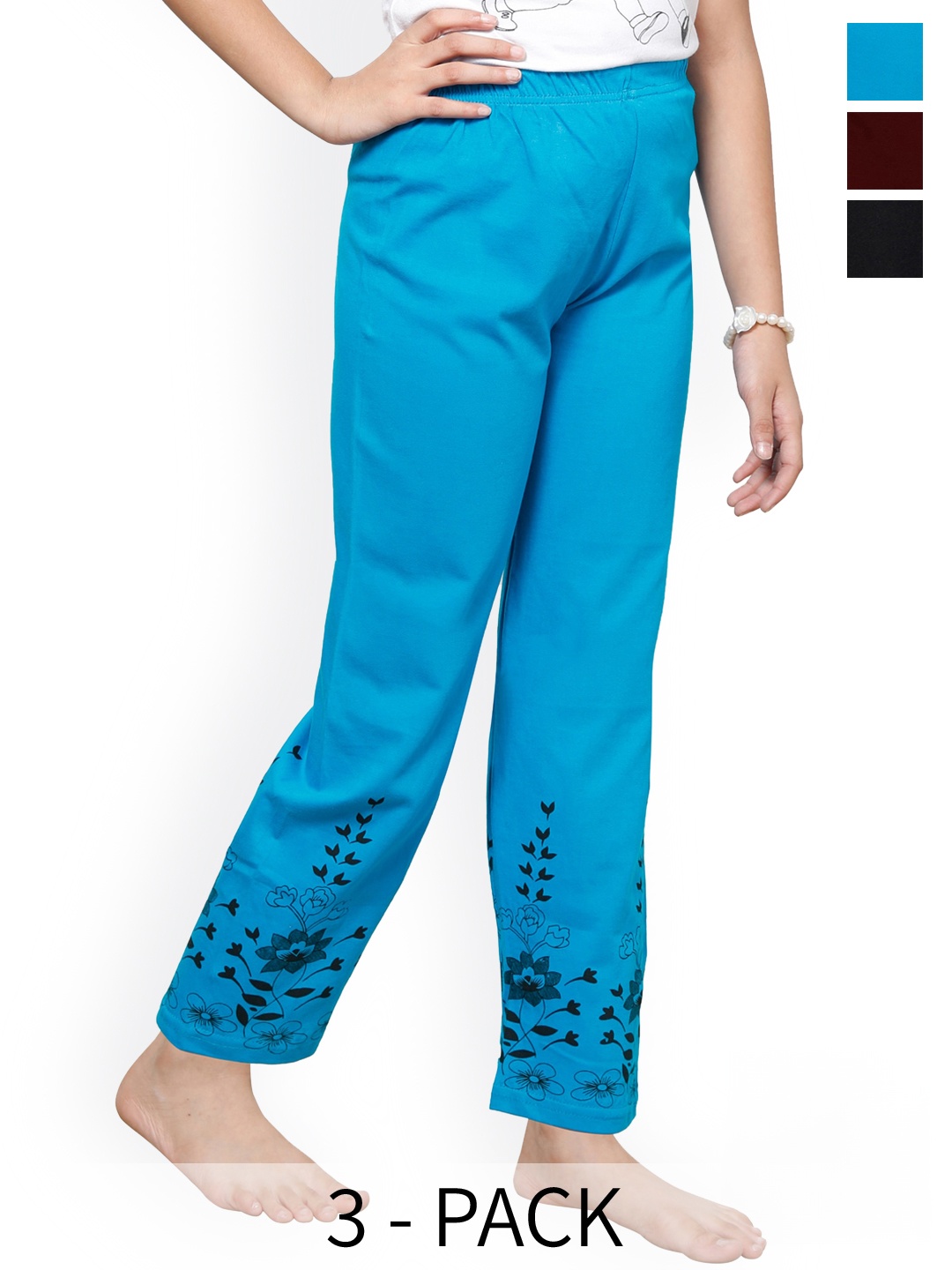 

BAESD Girls Pack Of 3 Pure Cotton Printed Lounge Pants, Blue