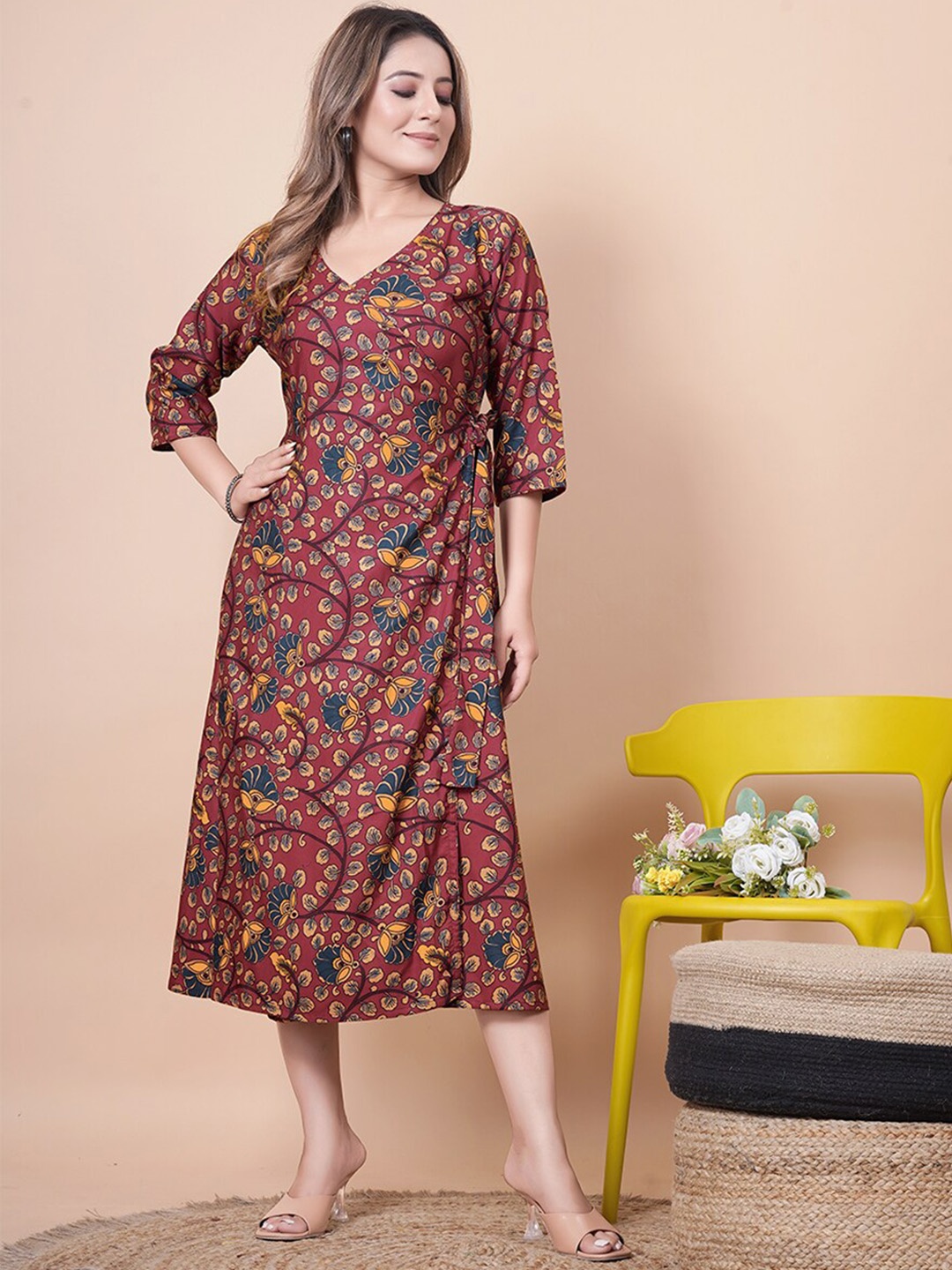 

Tasarika Floral Printed V-Neck A-Line Ethnic Dress, Maroon