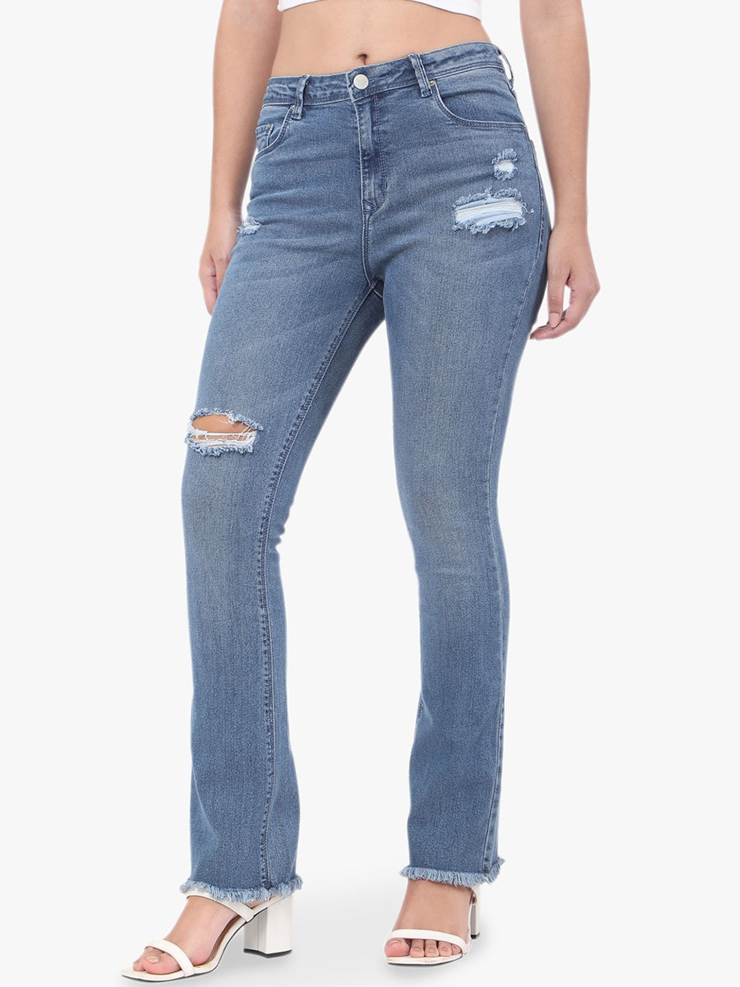 

Recap Women Comfort Bootcut High-Rise Mildly Distressed Light Fade Stretchable Jeans, Blue