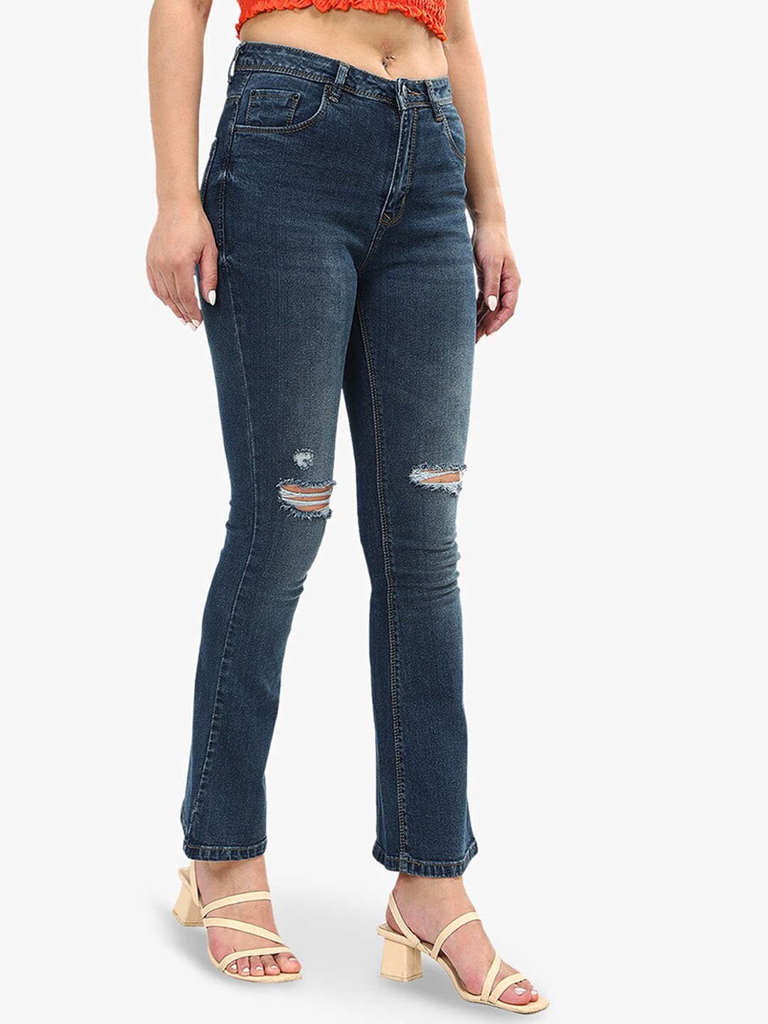 

Recap Women Comfort Bootcut High-Rise Slash Knee Light Fade Stretchable Jeans, Blue