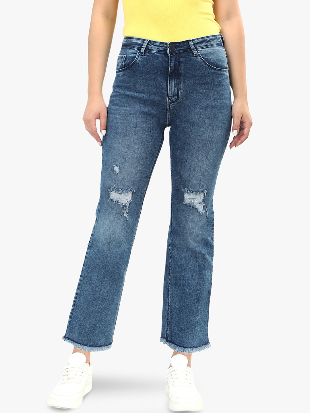 

Recap Women Comfort Straight Fit High-Rise Mildly Distressed Heavy Fade Stretchable Jeans, Blue
