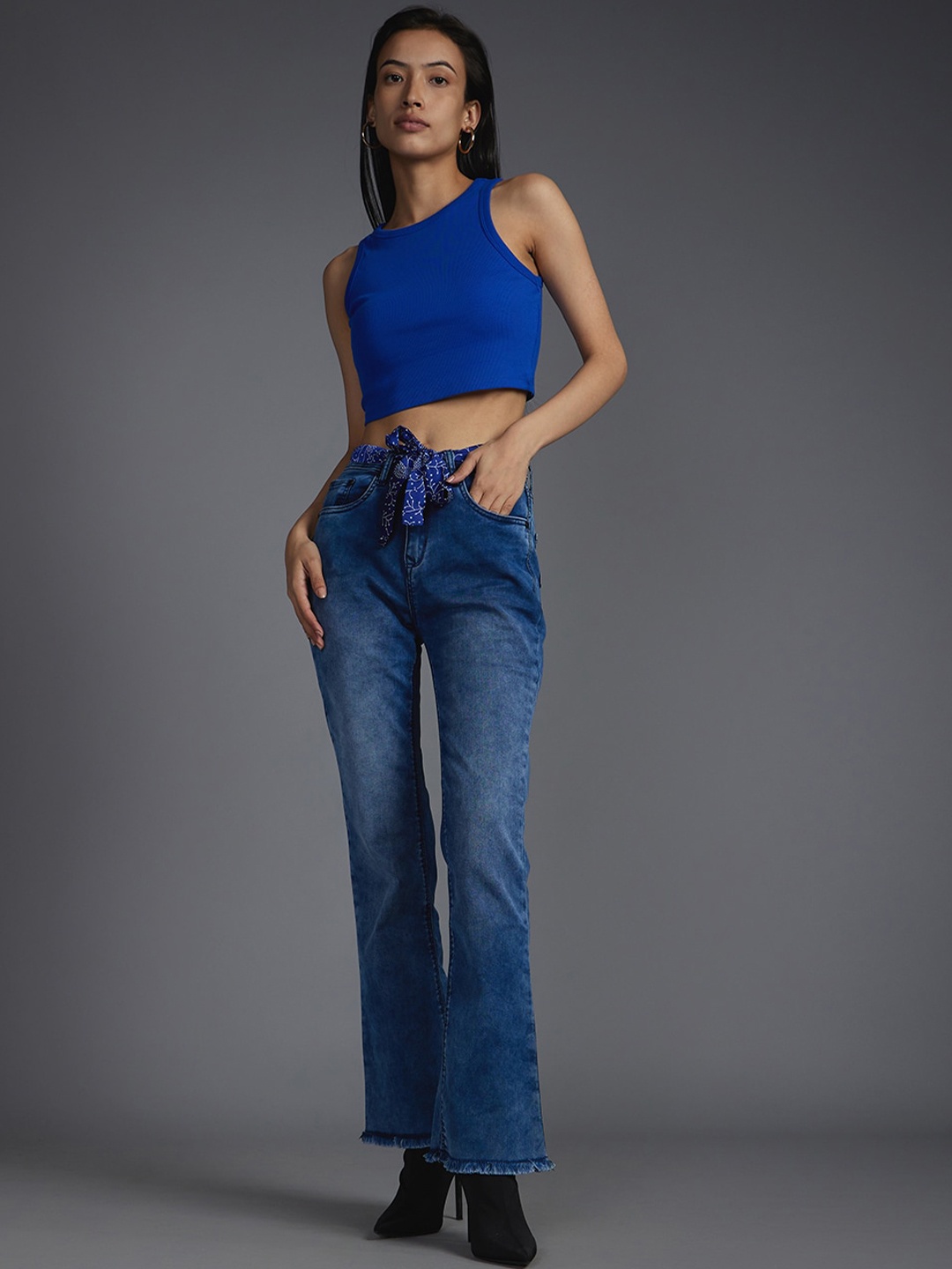 

Recap Women Comfort Bootcut High-Rise Frayed Light Fade Stretchable Jeans, Blue