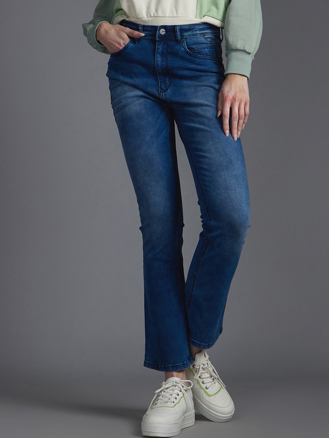 

Recap Women Comfort Bootcut High-Rise Clean Look Light Fade Stretchable Cropped Jeans, Blue