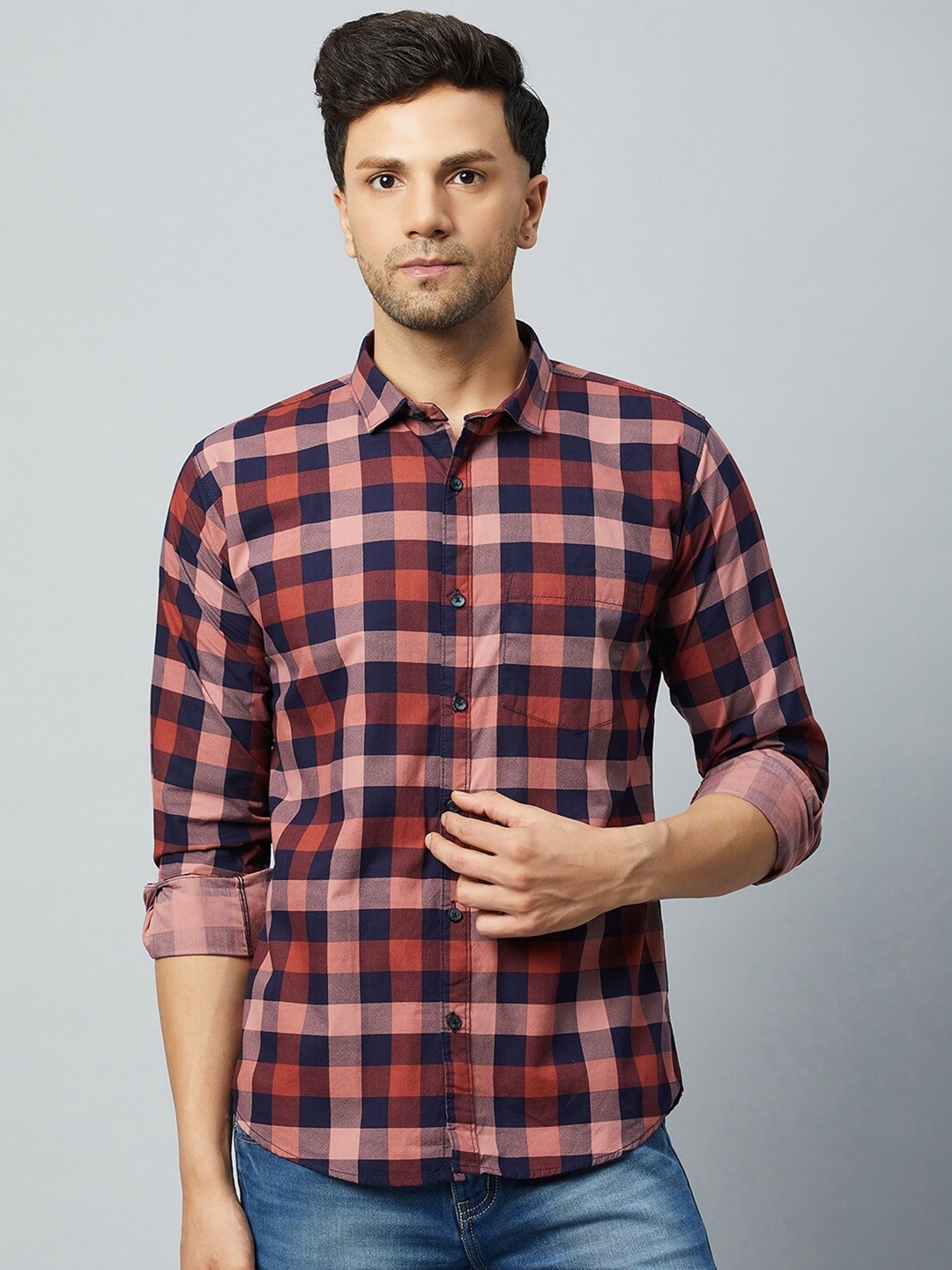 

Club York Slim Fit Tartan Checks Checked Cotton Casual Shirt, Red